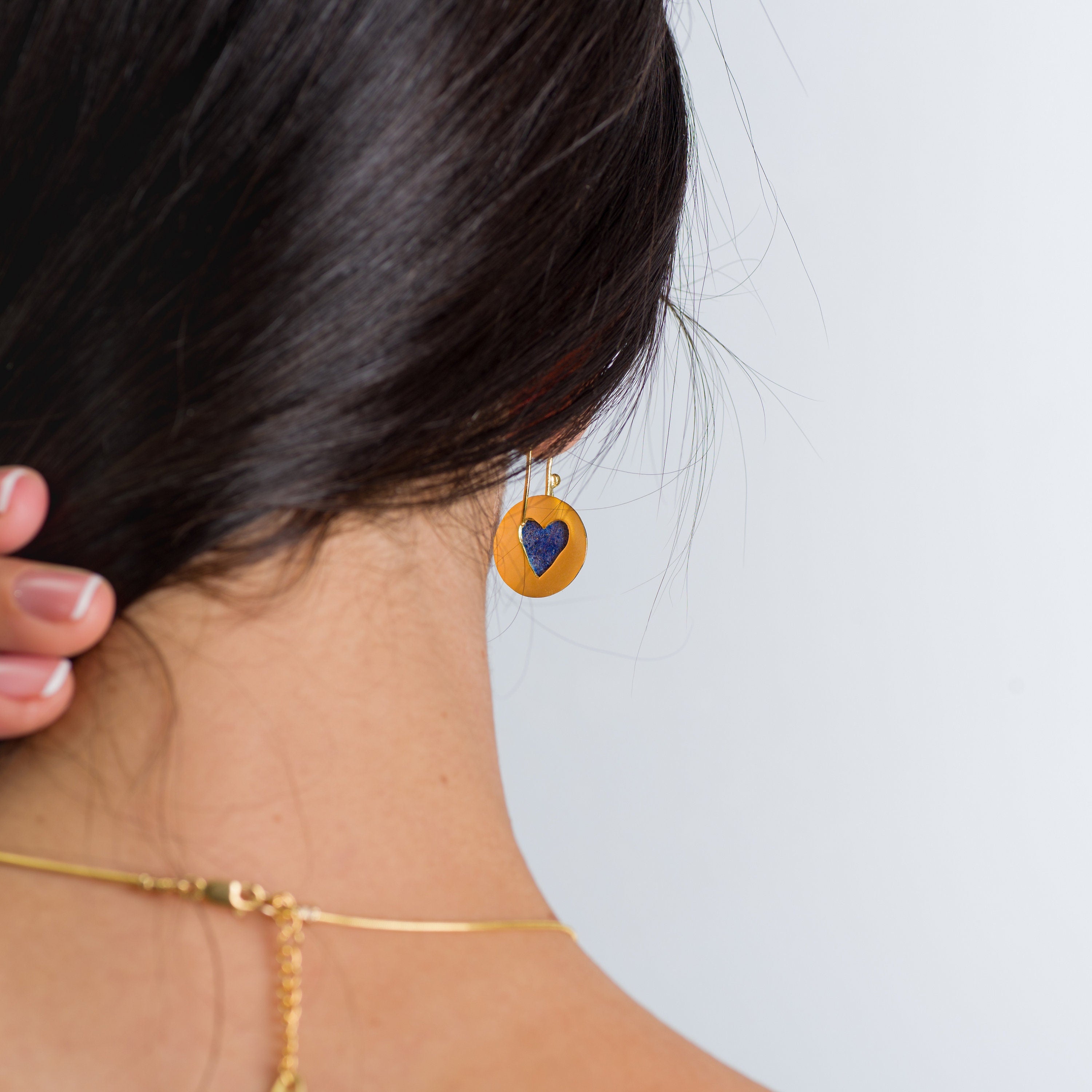 Handcrafted Gold Dangle Earrings with Round Lapis Lazuli Gemstone • Statement Earrings • Heart Earings • Gift For Her • Mother's Day Gift