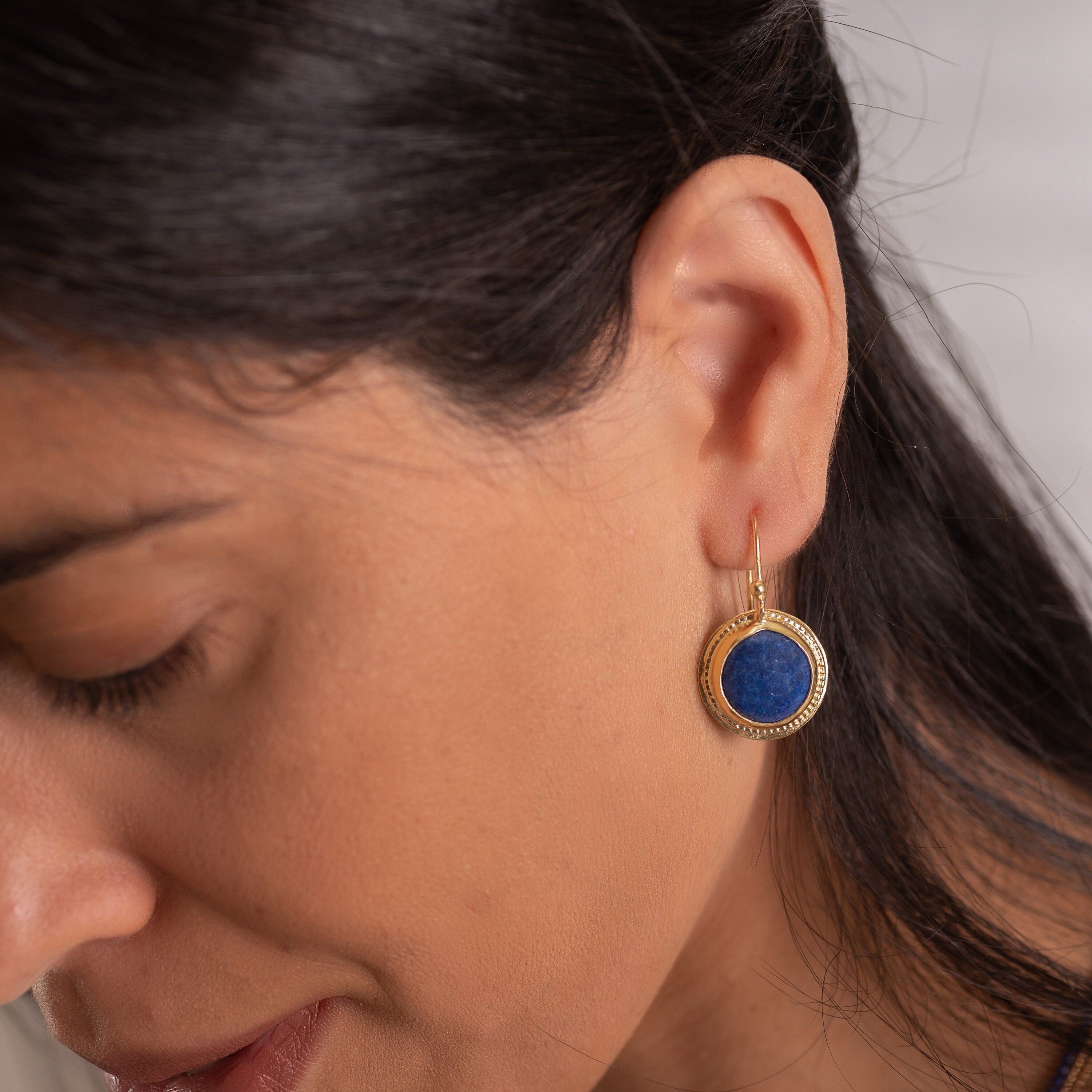 Handcrafted Gold Dangle Earrings with Round Lapis Lazuli Gemstone • Statement Earrings • Heart Earings • Gift For Her • Mother's Day Gift