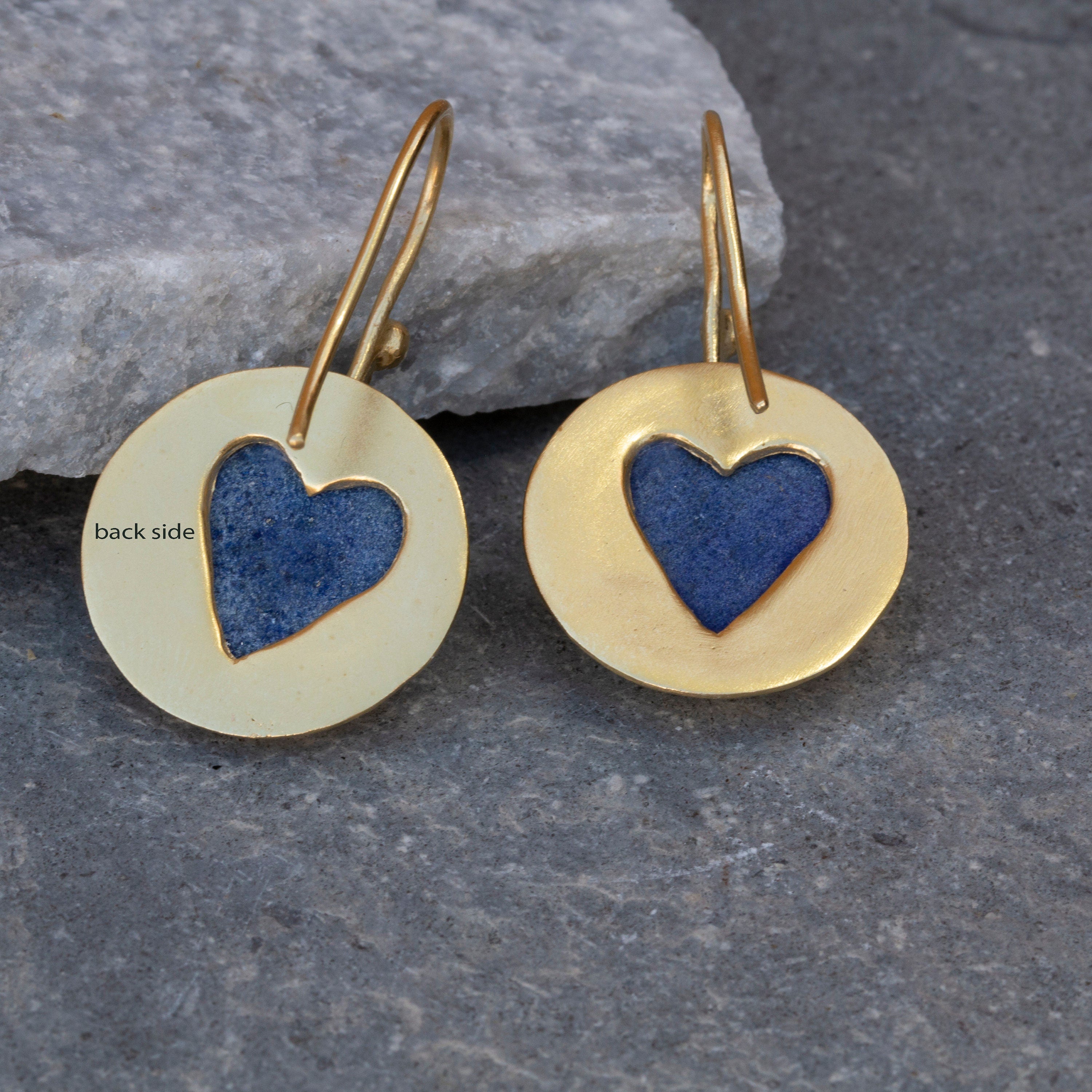 Handcrafted Gold Dangle Earrings with Round Lapis Lazuli Gemstone • Statement Earrings • Heart Earings • Gift For Her • Mother's Day Gift
