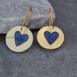 Handcrafted Gold Dangle Earrings with Round Lapis Lazuli Gemstone • Statement Earrings • Heart Earings • Gift For Her • Mother's Day Gift