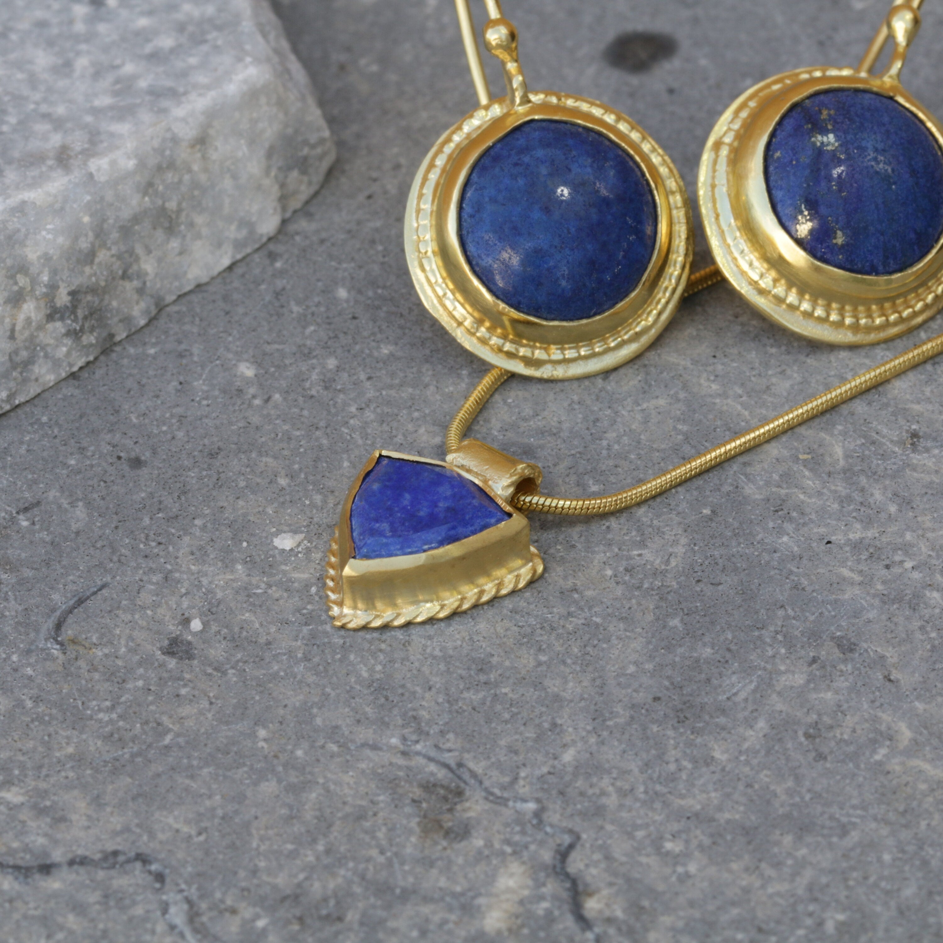 Handcrafted Gold Dangle Earrings with Round Lapis Lazuli Gemstone • Statement Earrings • Heart Earings • Gift For Her • Mother's Day Gift