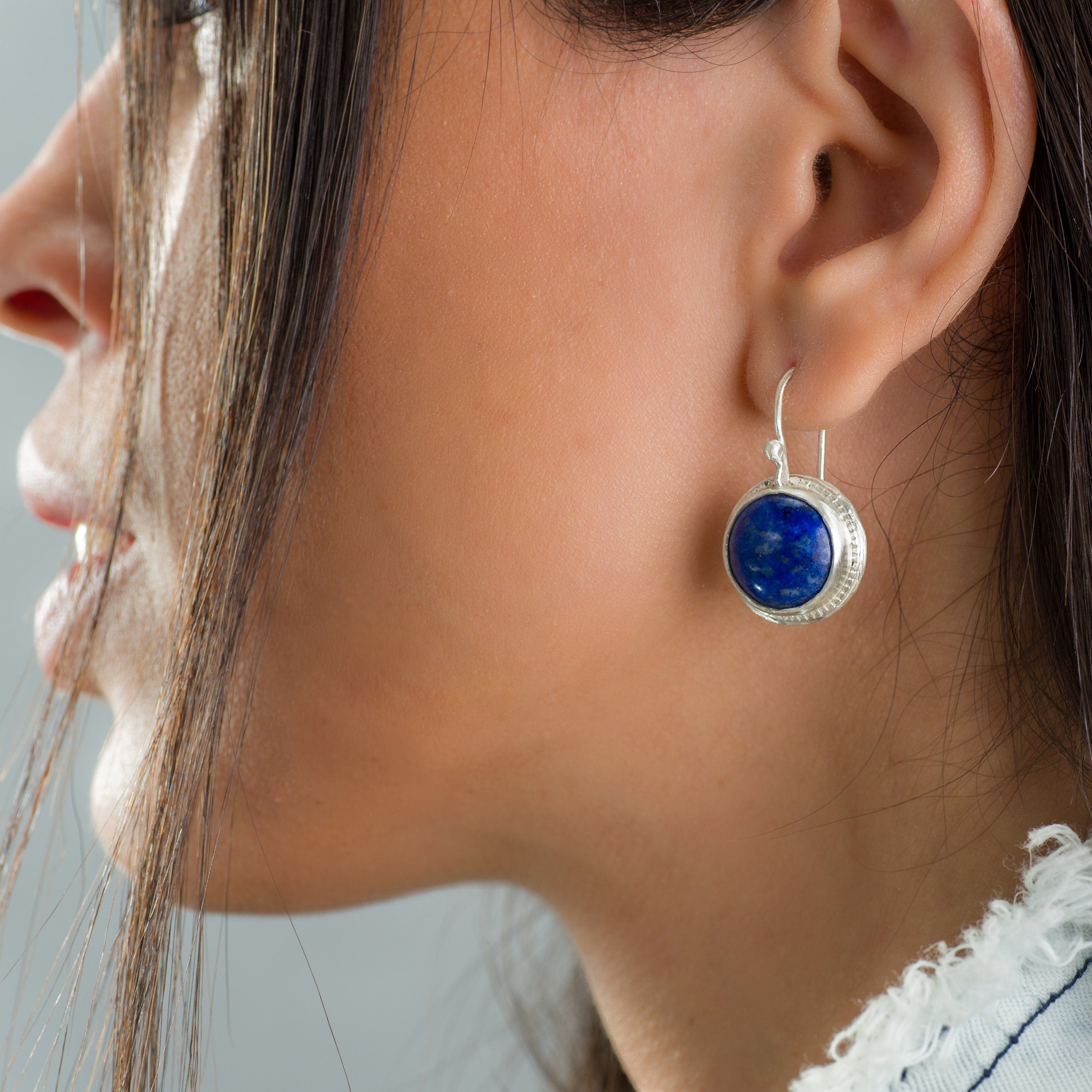 Handcrafted Silver Dangle Round Earrings with Lapis Lazuli Gemstone • Statement Earrings • Heart Earings • Gift For Her • Mother's Day Gift