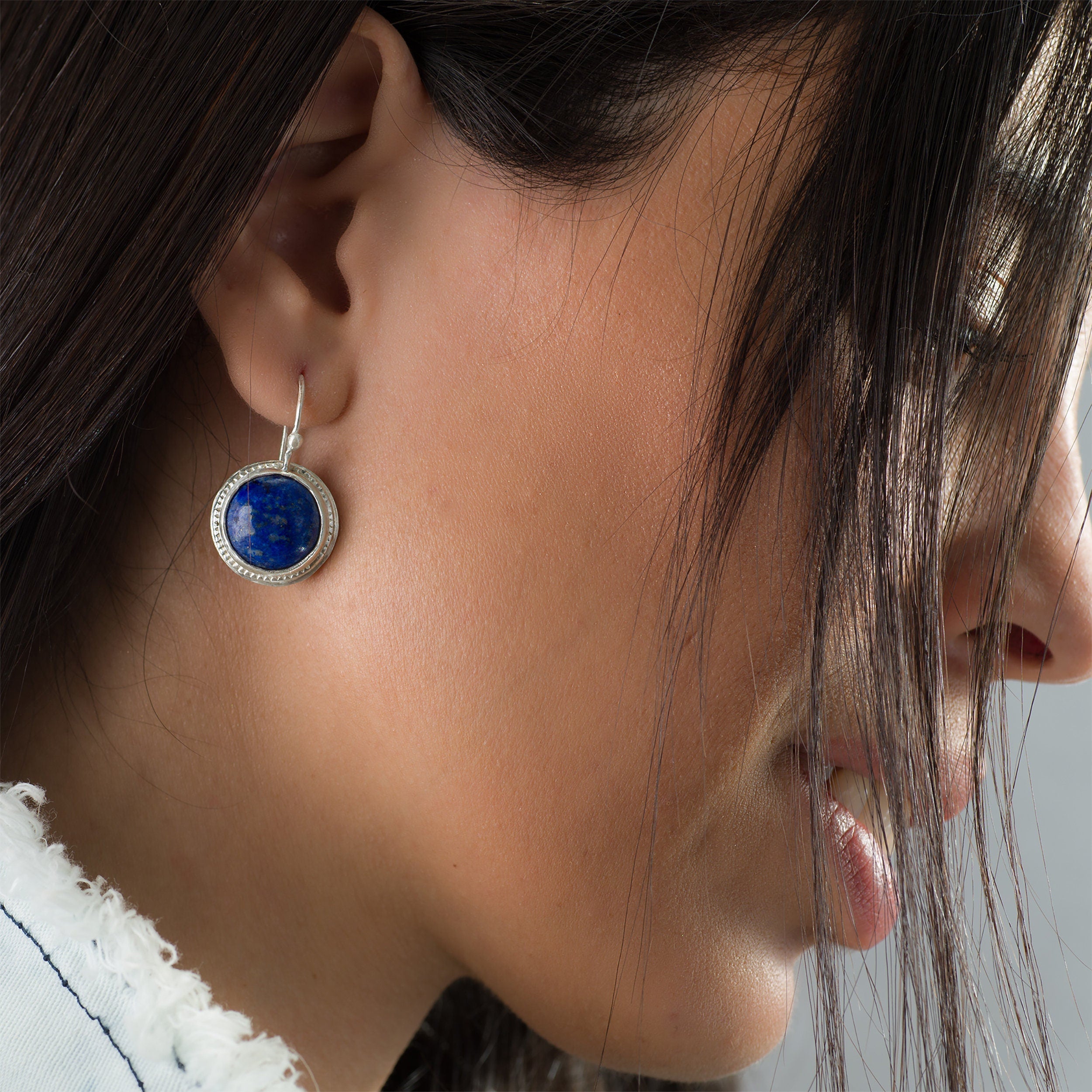 Handcrafted Silver Dangle Round Earrings with Lapis Lazuli Gemstone • Statement Earrings • Heart Earings • Gift For Her • Mother's Day Gift