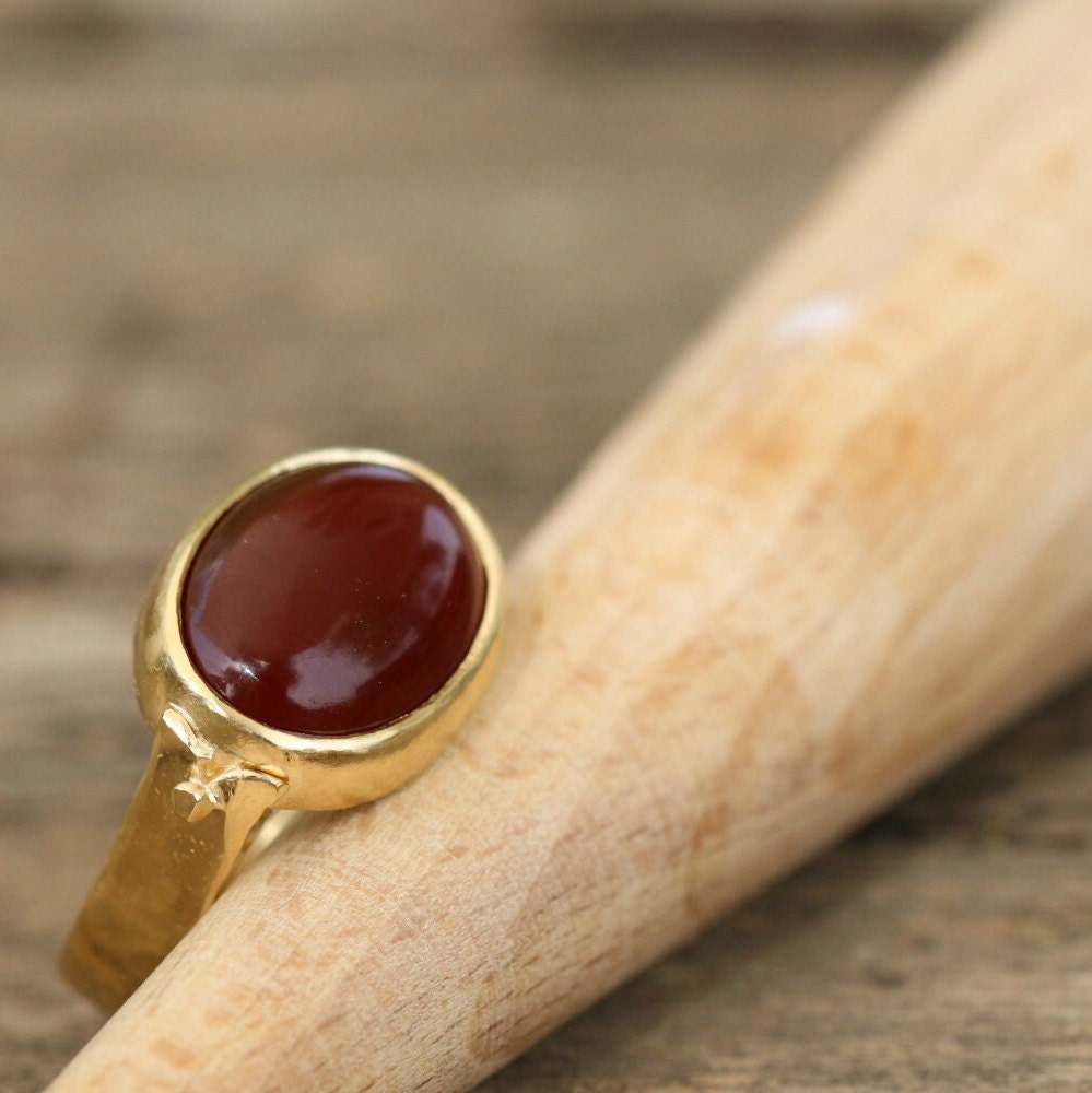 Gold-Filled Solitaire Ring For Women, Carnelian Oval Gold Ring