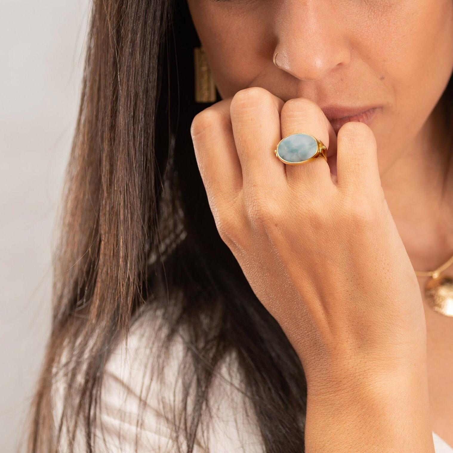 Handmade 14K Gold Larimar Ring - Boho Statement Ring