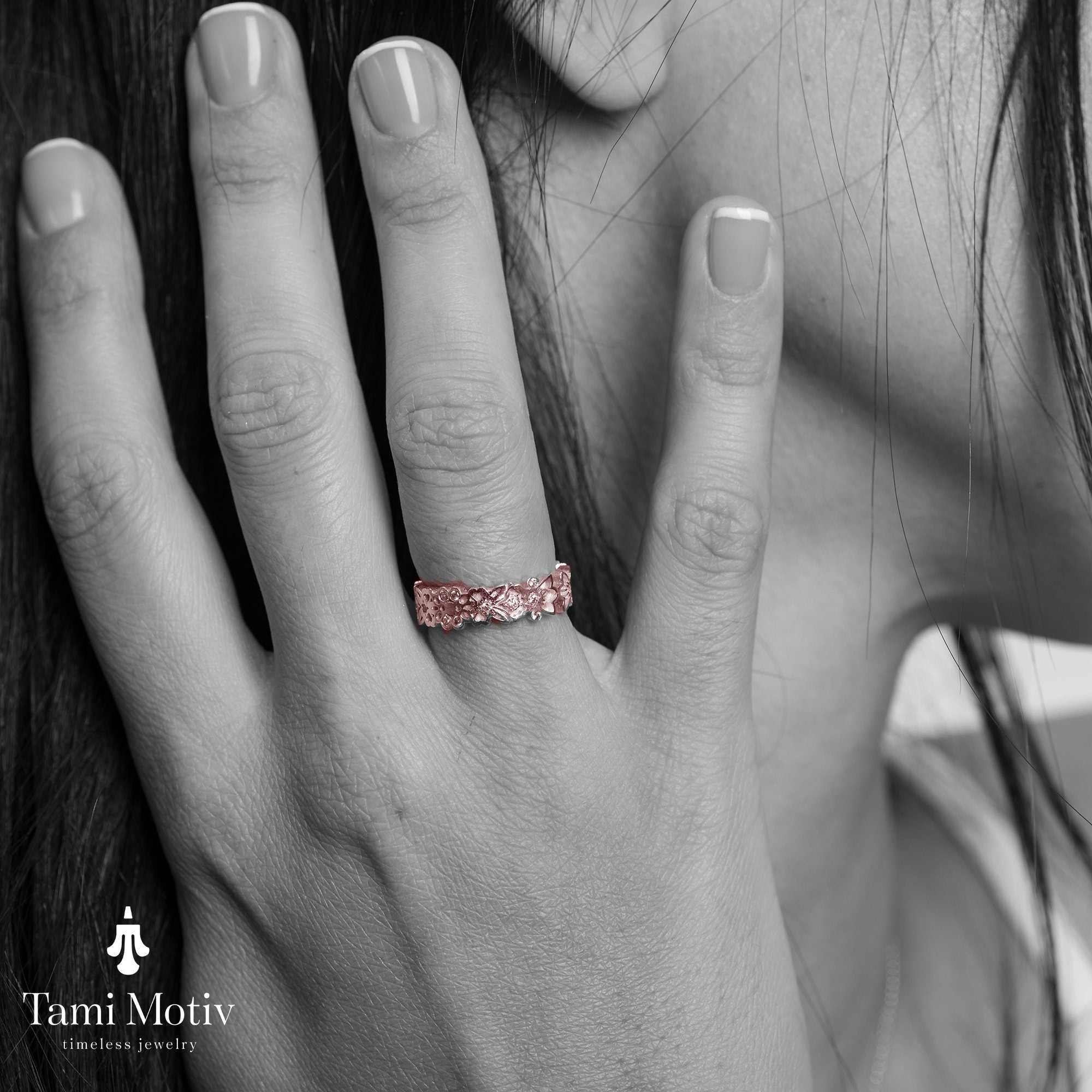 Botanical Pattern Gold Wedding Ring, Flower Ring, Nature Inspired Ring, Hand Made Band