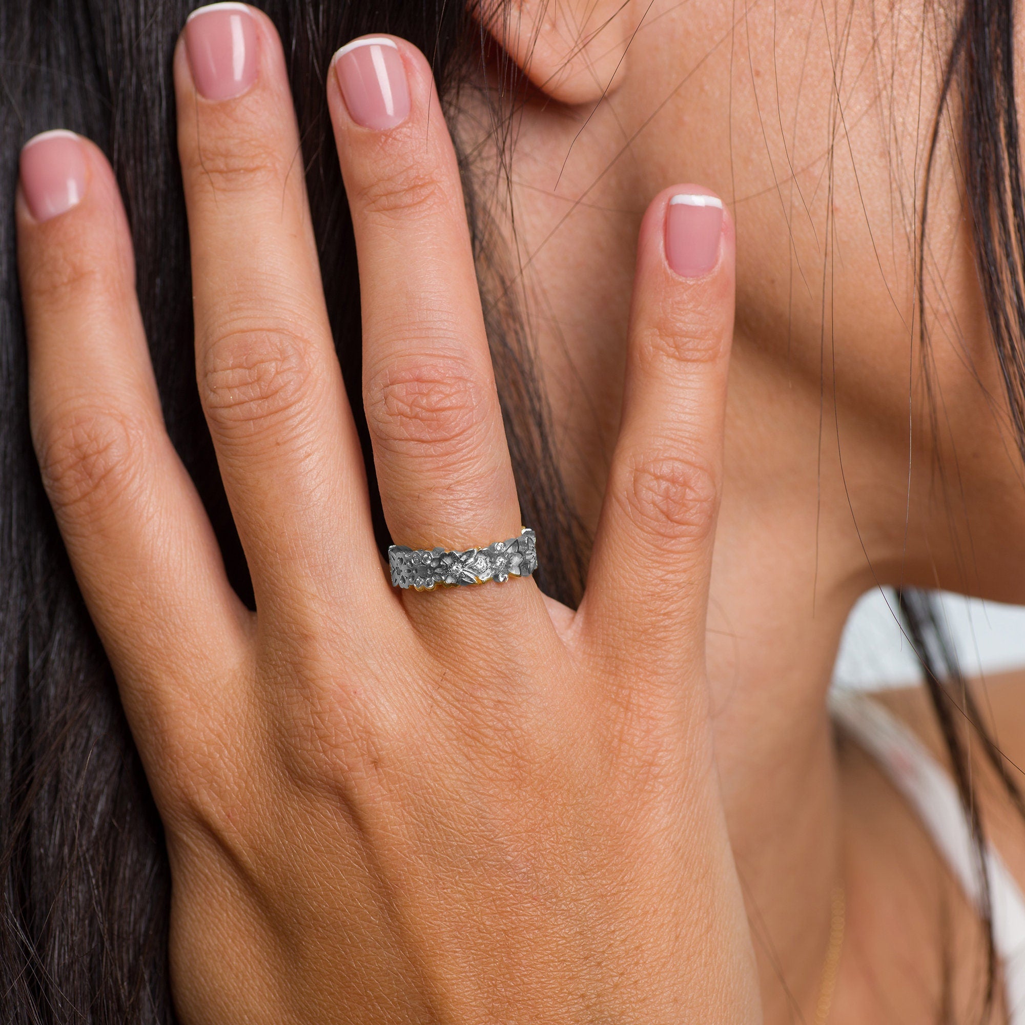 Botanical Pattern Gold Wedding Ring, Flower Ring, Nature Inspired Ring, Hand Made Band
