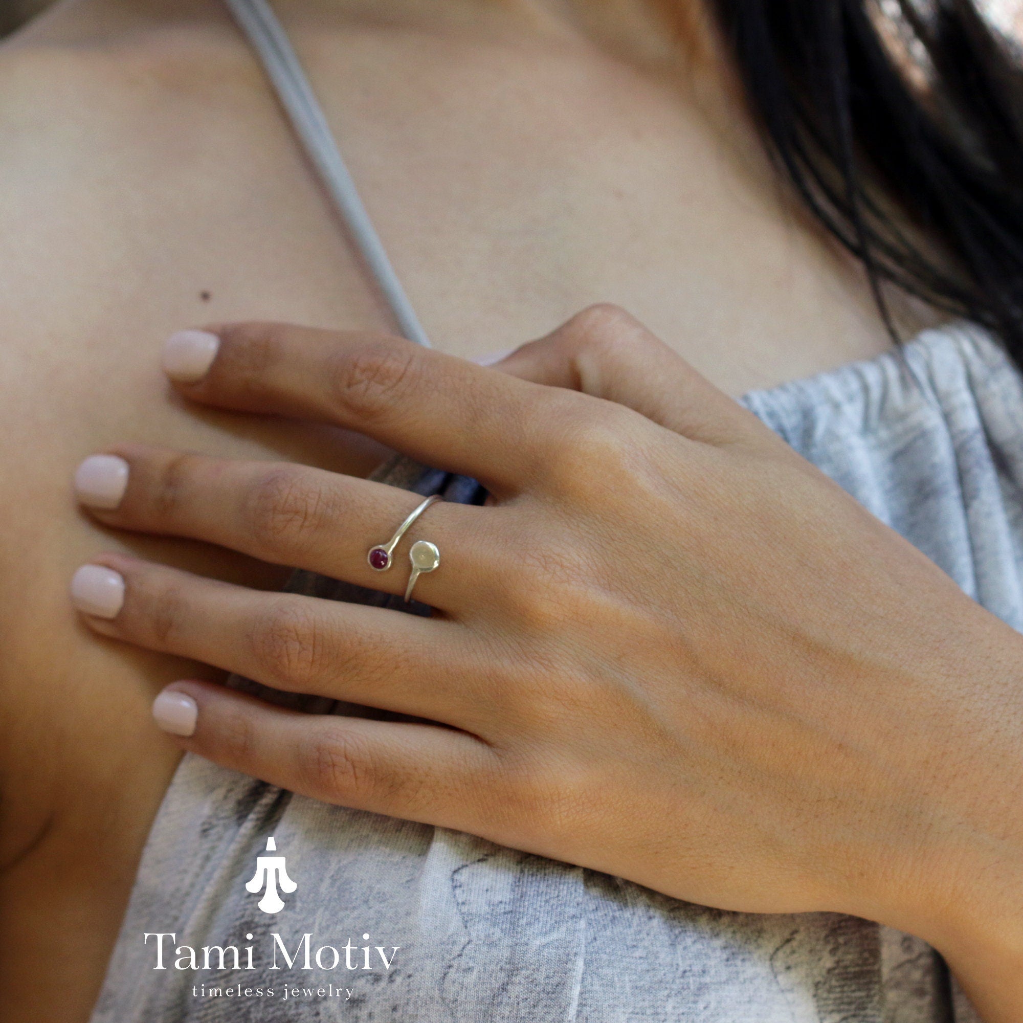 Silver Bypass Ruby Ring - Stunning Adjustable Boho Gemstone Jewelry • Open Ring • Ruby Wraparound Ring • Open Cuff Ring • Graduation Ring