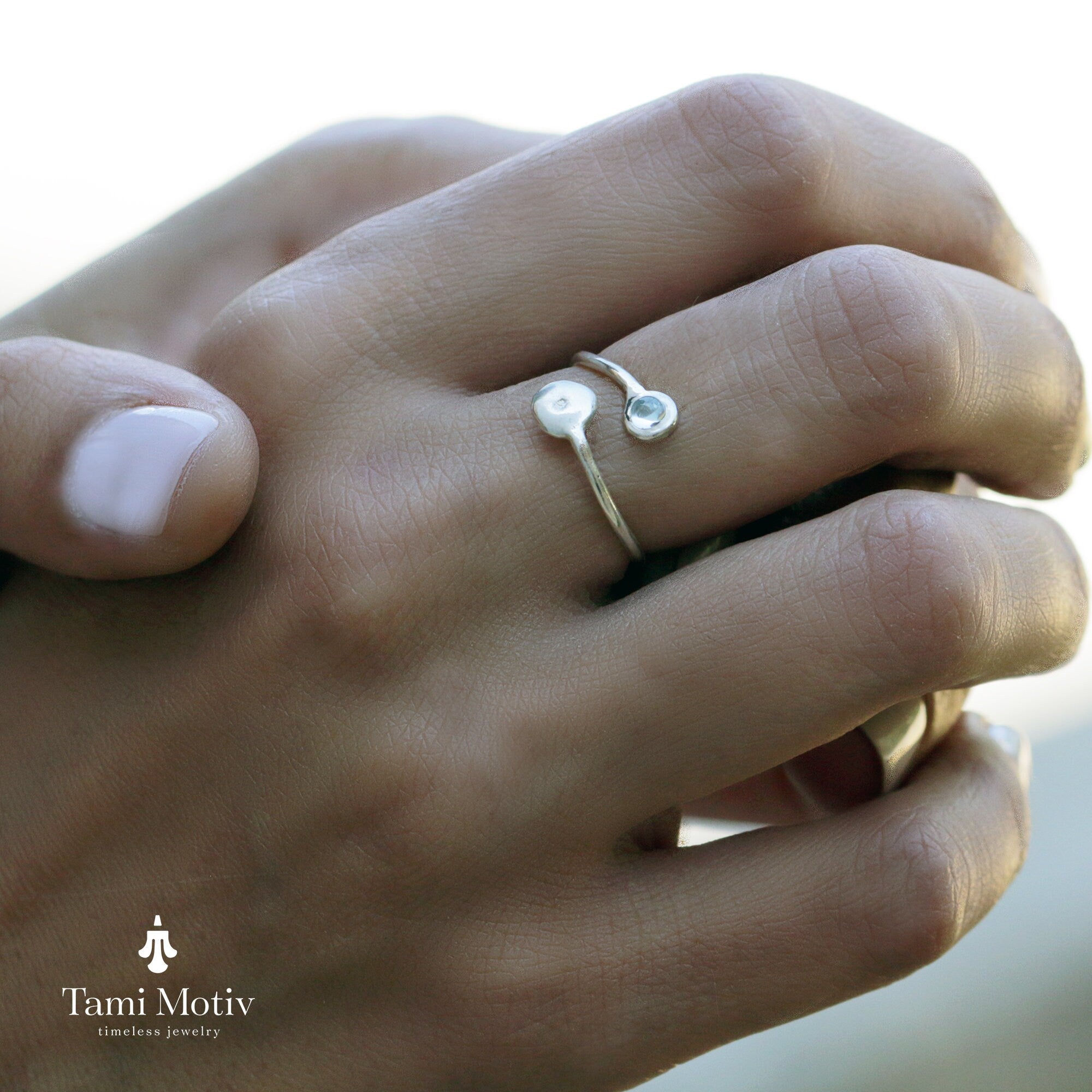 Elegant Aquamarine Silver Open Ring For Women- Handcrafted Jewelry • Delicate Silver Gemstone Ring • Adjustable Open Ring Minimalist