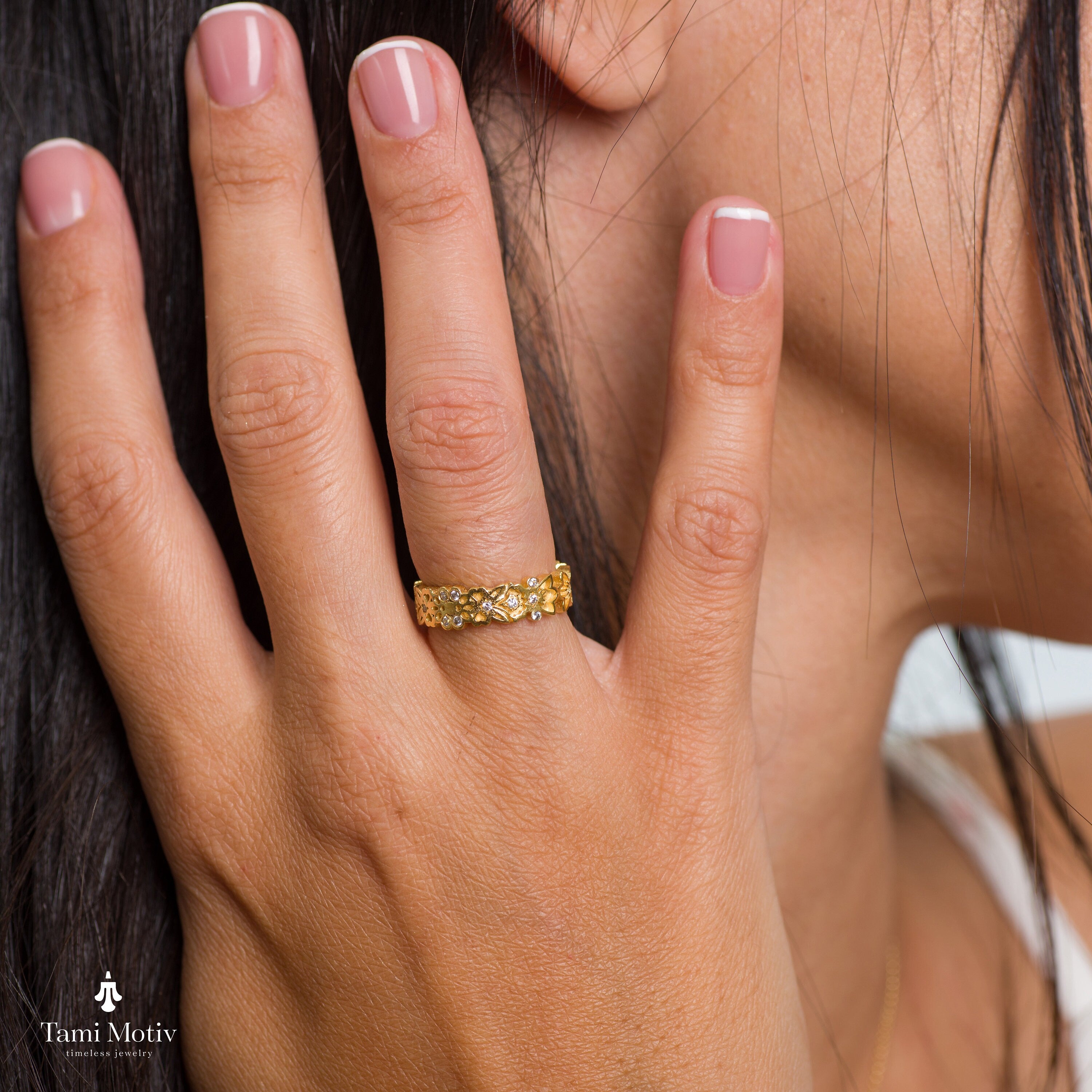 Botanical Pattern Gold Wedding Ring, Flower Ring, Nature Inspired Ring, Hand Made Band