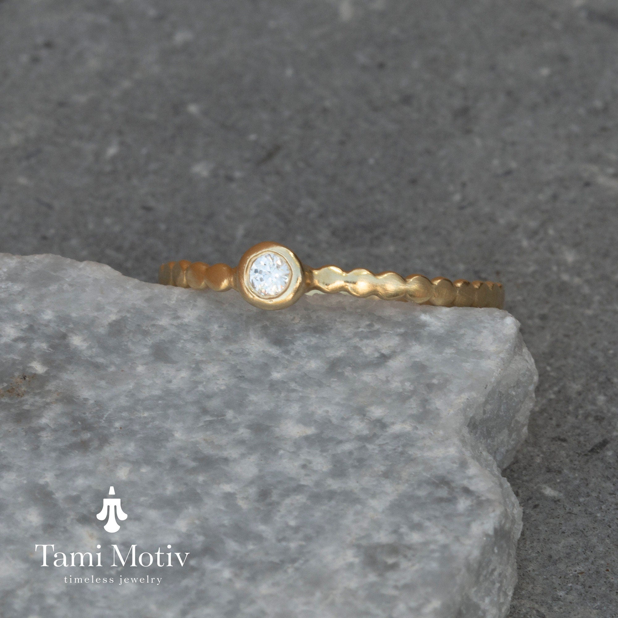 Delicate Gold Dot Ring with Sparkling Diamond - Handcrafted Minimalist Jewelry • Dotted Ring • Tiny Dot Ring • Engagement Ring • Gift Ring