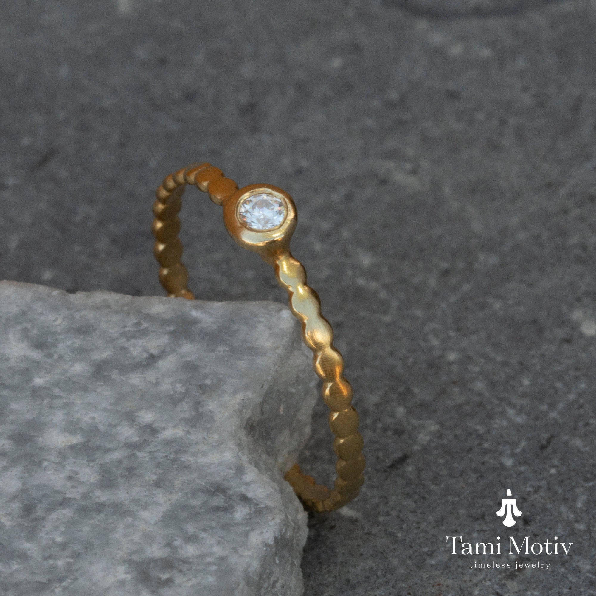 Delicate Gold Dot Ring with Sparkling Diamond - Handcrafted Minimalist Jewelry • Dotted Ring • Tiny Dot Ring • Engagement Ring • Gift Ring
