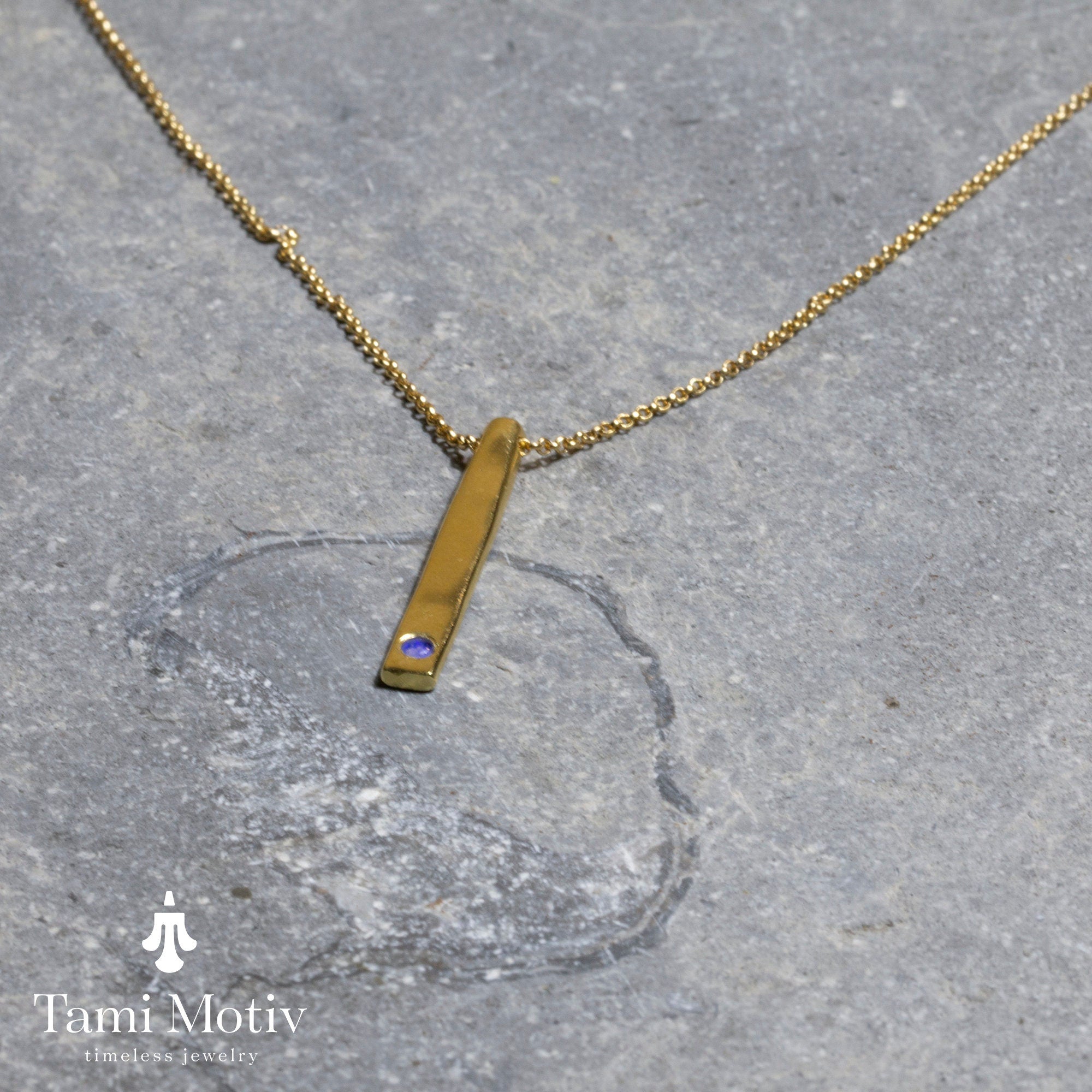 Dainty Handmade Birthstone Bar Necklace - Minimalist Layering Necklace, Vertical Bar Necklace, Lapis Bar Charm, Luck Gift, Lapis Necklace.