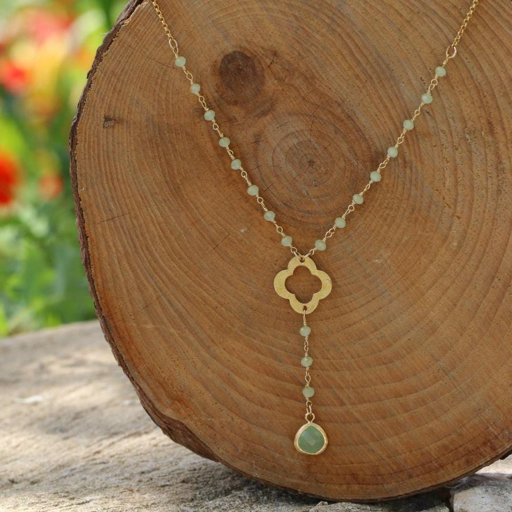 Green Stone Pendant Necklace • Beaded Necklace for Women • Rosary Necklace • Flower Necklace • Fashion Jewelry for Women • Gift for Women