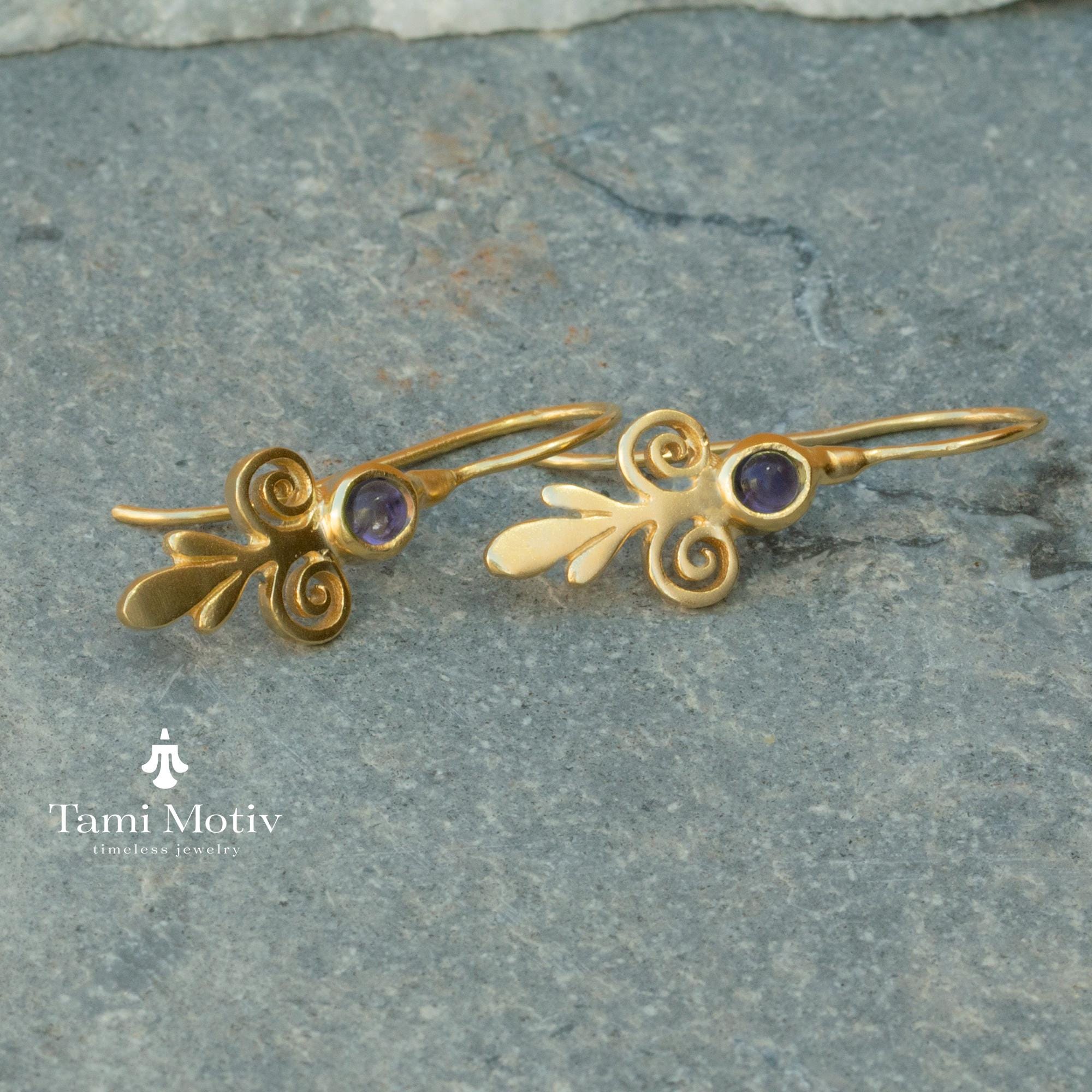 Victorian Style Handcrafted Gold Drop Earrings With Iolite Purple Stone • Dangle Earrings • Iolite Vintage Earrings • Gift Earrings For Her