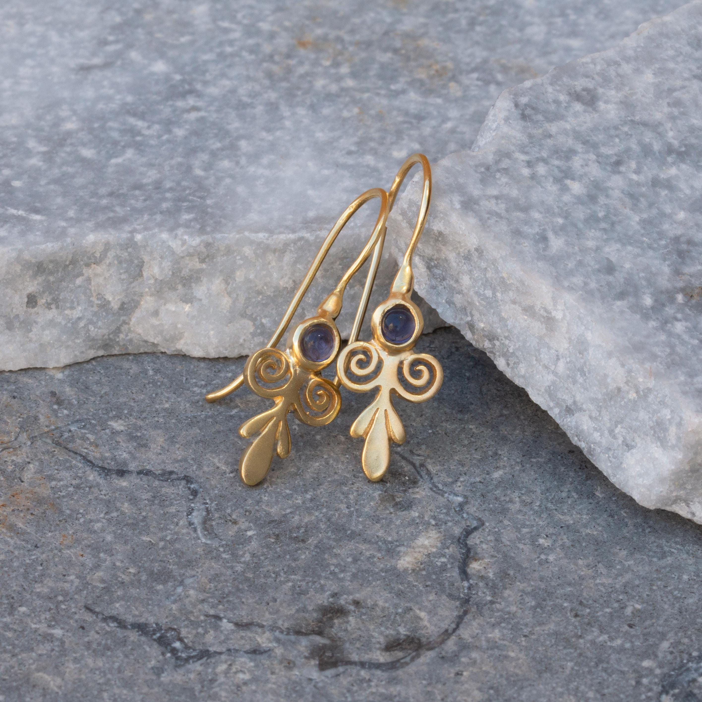 Victorian Style Handcrafted Gold Drop Earrings With Iolite Purple Stone • Dangle Earrings • Iolite Vintage Earrings • Gift Earrings For Her