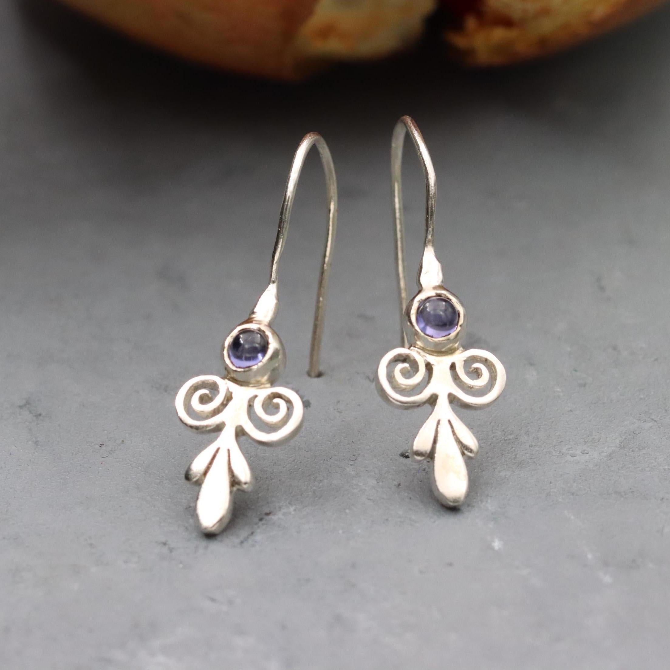 Victorian Style Handcrafted Gold Drop Earrings With Iolite Purple Stone • Dangle Earrings • Iolite Vintage Earrings • Gift Earrings For Her