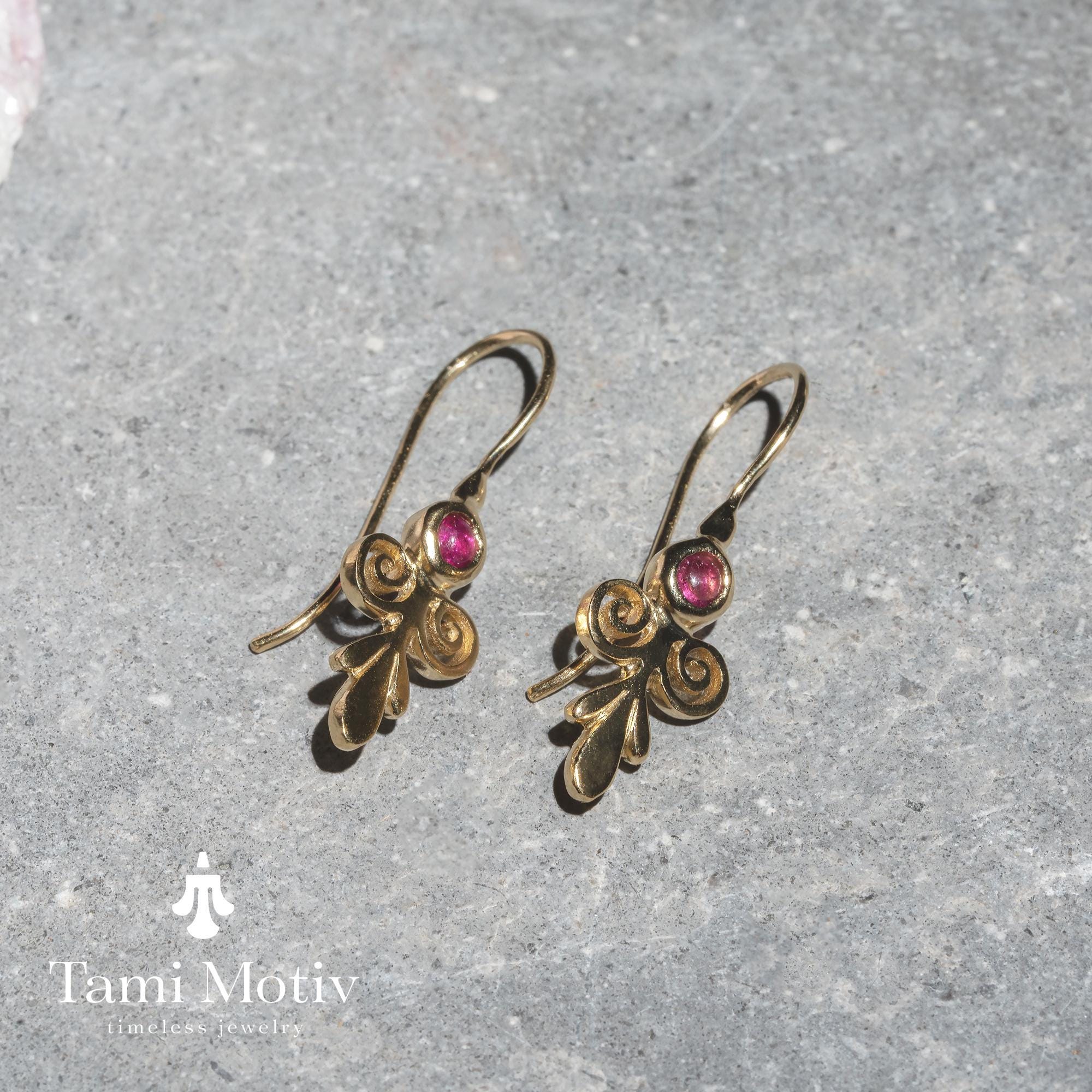 Pink Tourmaline Dangle Earrings - Vintage Spirals for Her • Floral Gold Earrings • Gift Earrings For Her • Tourmaline Birth Stone Drops