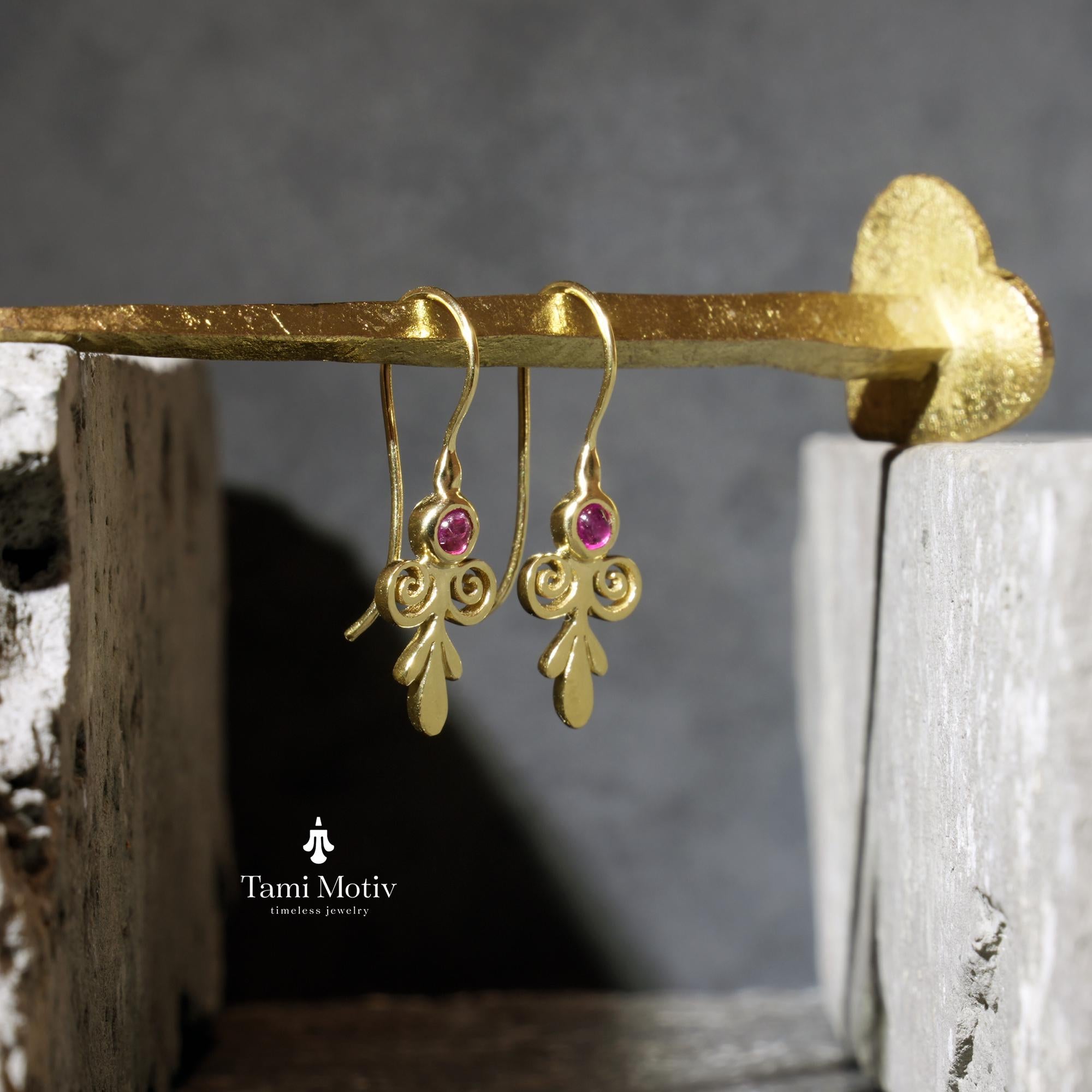 Pink Tourmaline Dangle Earrings - Vintage Spirals for Her • Floral Gold Earrings • Gift Earrings For Her • Tourmaline Birth Stone Drops