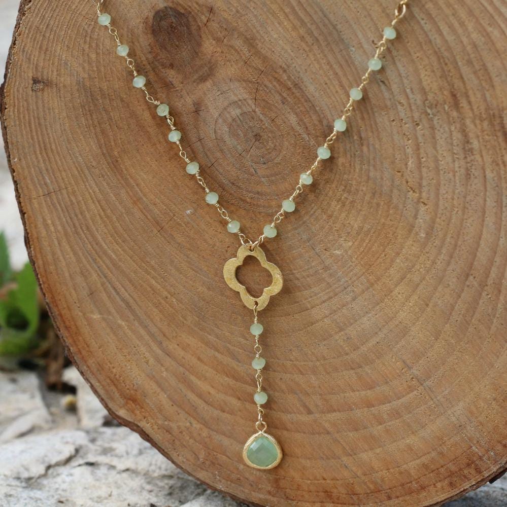Green Stone Pendant Necklace • Beaded Necklace for Women • Rosary Necklace • Flower Necklace • Fashion Jewelry for Women • Gift for Women
