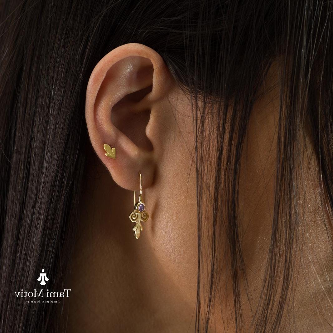 Victorian Style Handcrafted Gold Drop Earrings With Iolite Purple Stone • Dangle Earrings • Iolite Vintage Earrings • Gift Earrings For Her