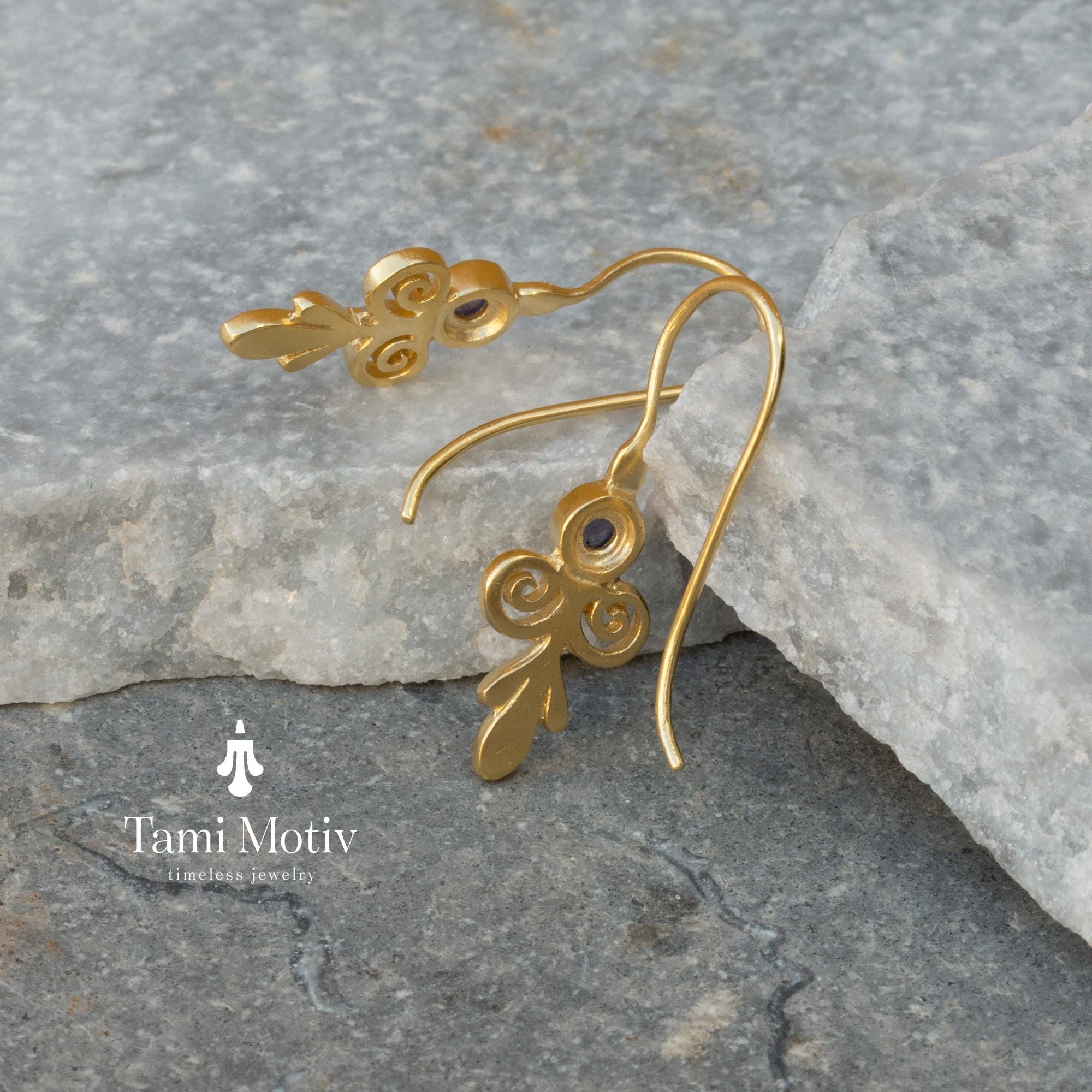 Victorian Style Handcrafted Gold Drop Earrings With Iolite Purple Stone • Dangle Earrings • Iolite Vintage Earrings • Gift Earrings For Her