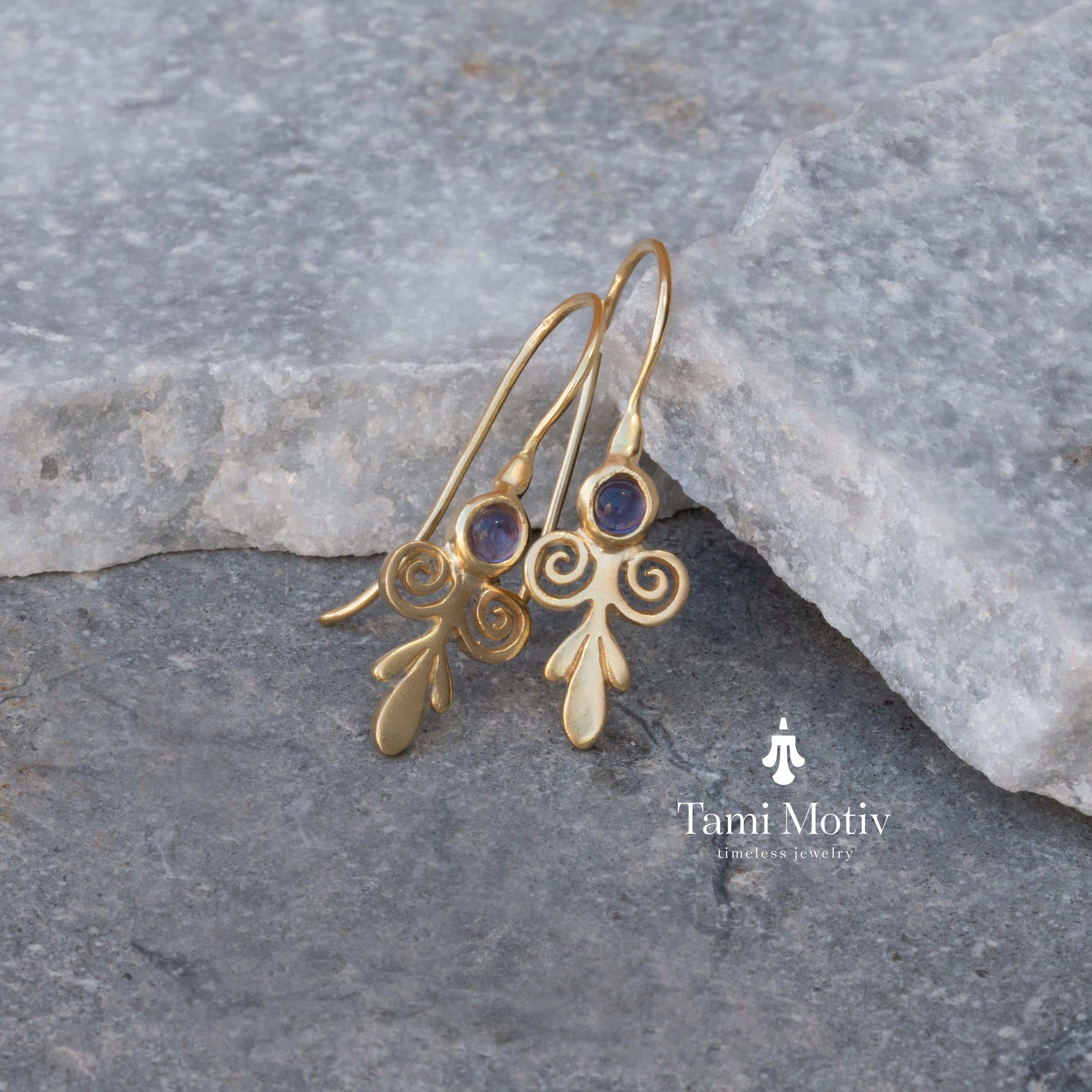 Victorian Style Handcrafted Gold Drop Earrings With Iolite Purple Stone • Dangle Earrings • Iolite Vintage Earrings • Gift Earrings For Her