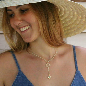 Beaded Gold Necklace with Crystal Pendant - Simple and Elegant