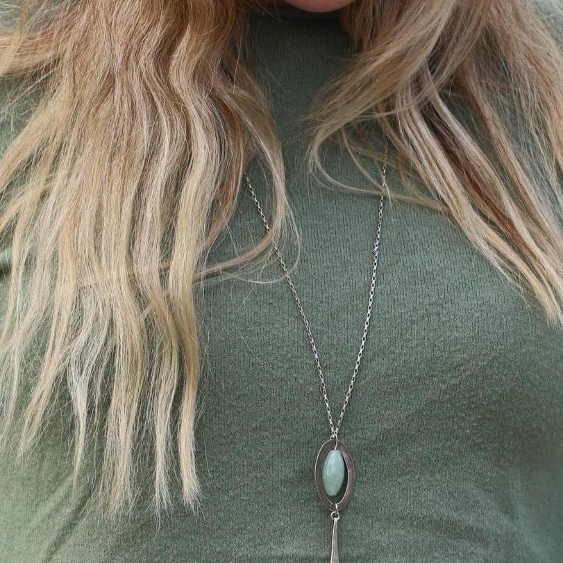 Aventurine Necklace, Silver Necklace, Gemstone Necklaces for Women, Long Necklace, Long Pendant Necklace, Boho Necklace, Gift Jewelry