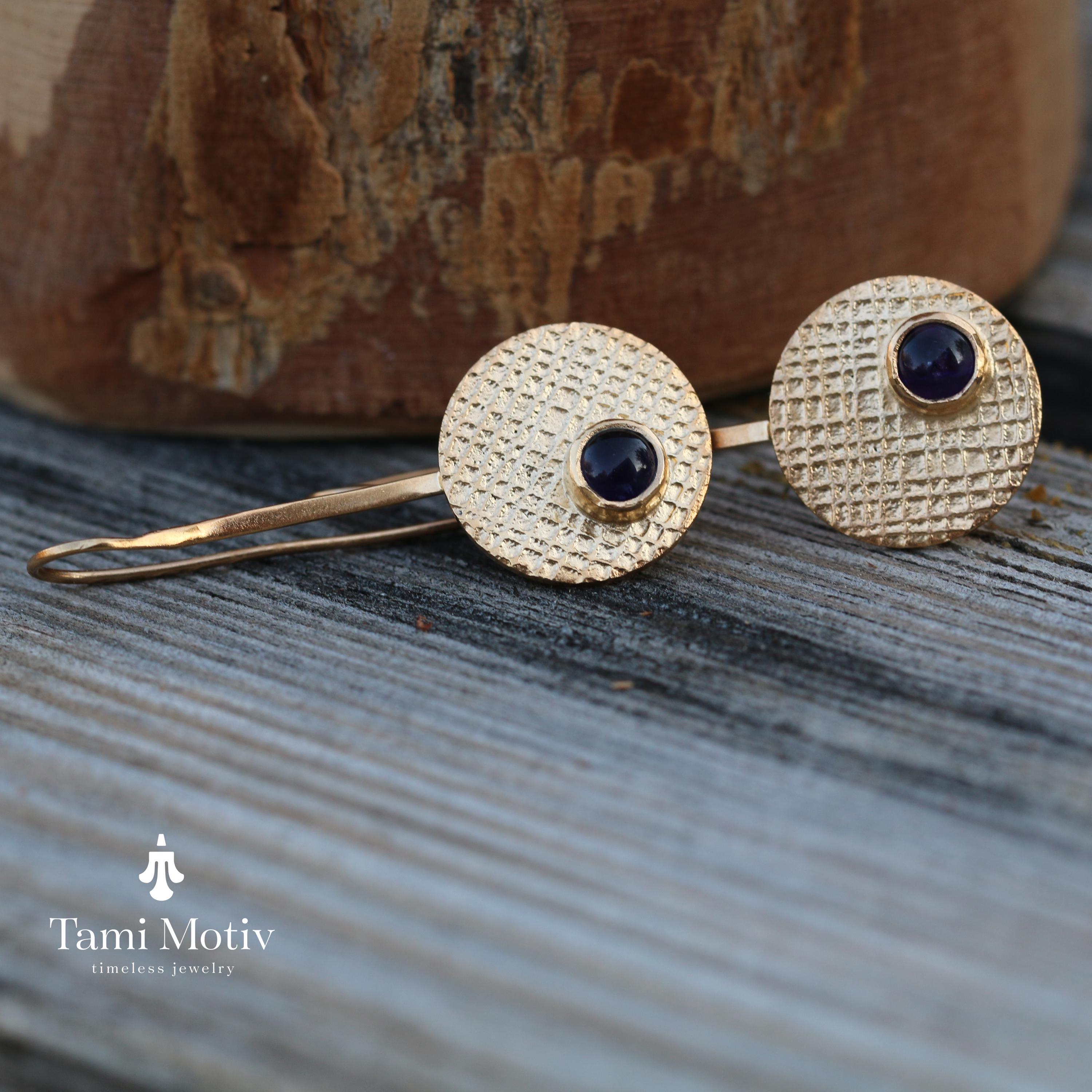 Amethyst Drop Earrings • Unique Earrings For Women • Textured 14k Gold Fashion Earrings • Handmade Statement Disc Earrings • Gift For Her