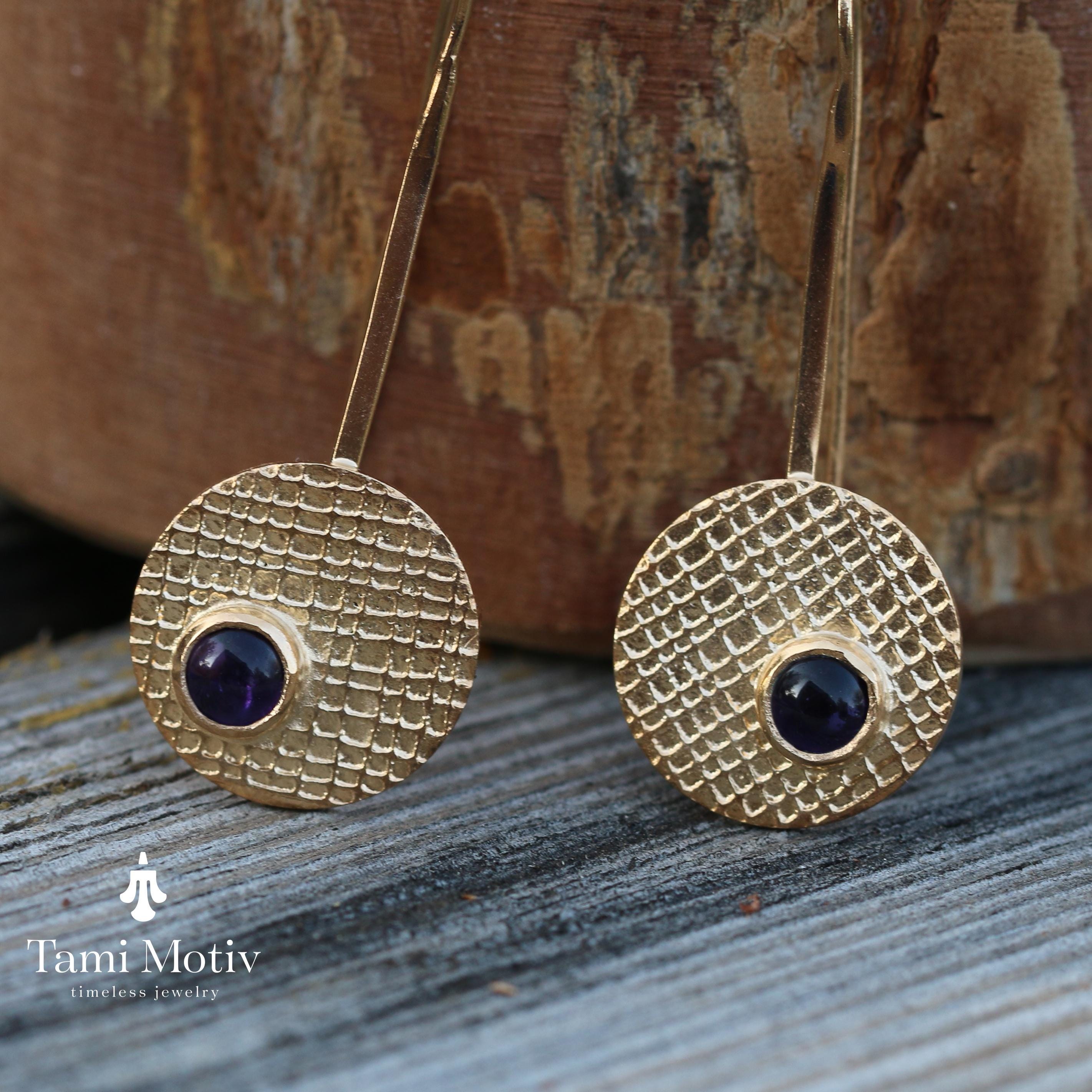 Amethyst Drop Earrings • Unique Earrings For Women • Textured 14k Gold Fashion Earrings • Handmade Statement Disc Earrings • Gift For Her