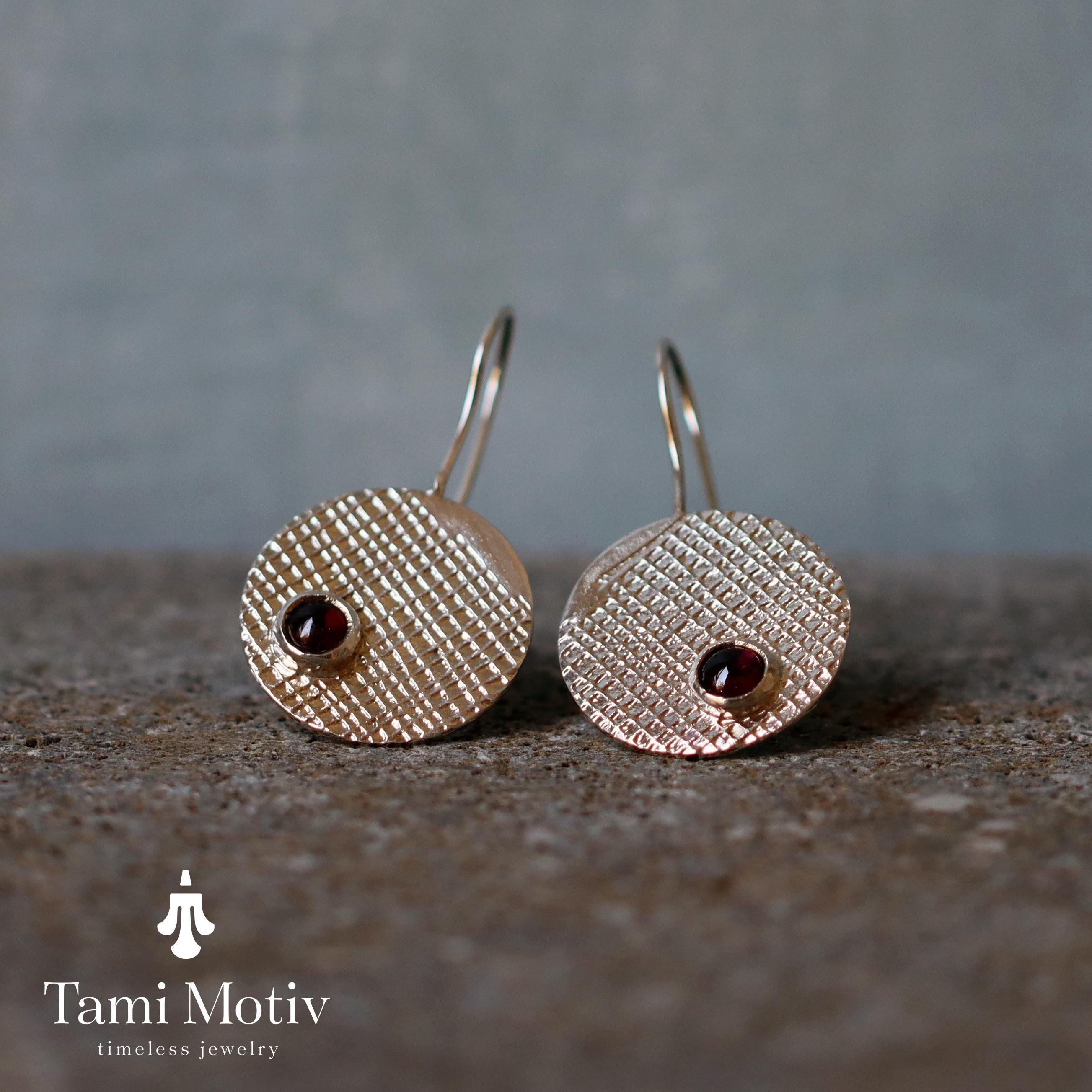 Handmade Silver Garnet Dangle Earrings • Geometric Fashion Statement