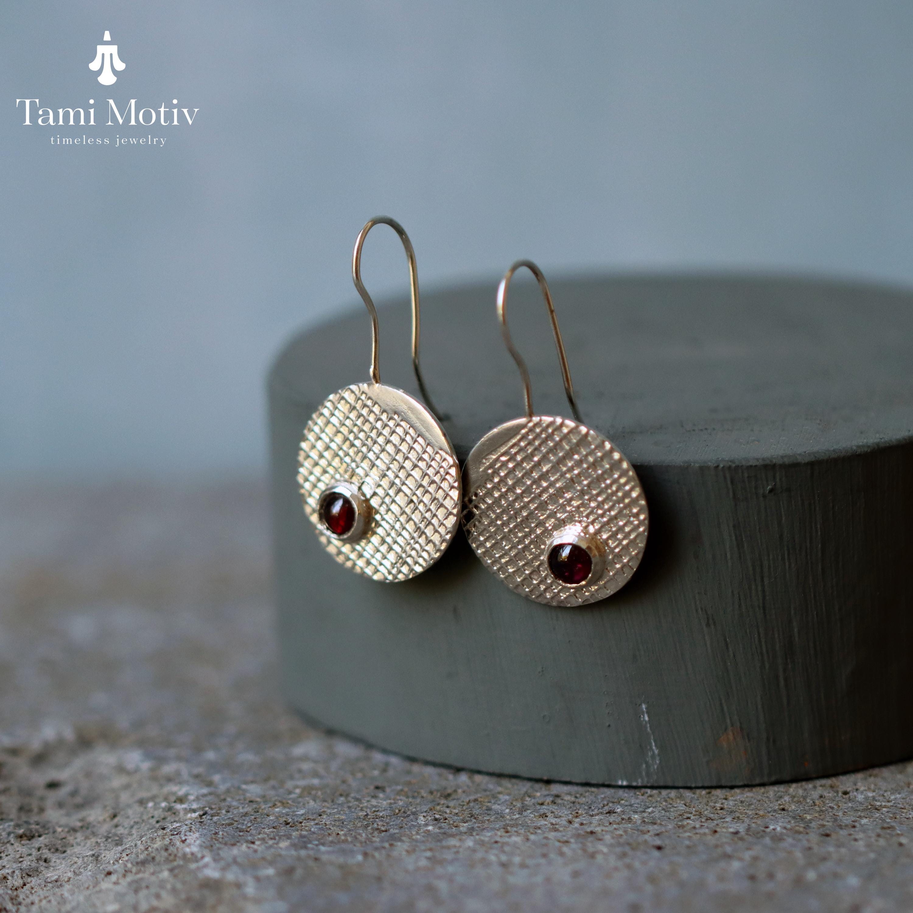 Handmade Silver Garnet Dangle Earrings • Geometric Fashion Statement