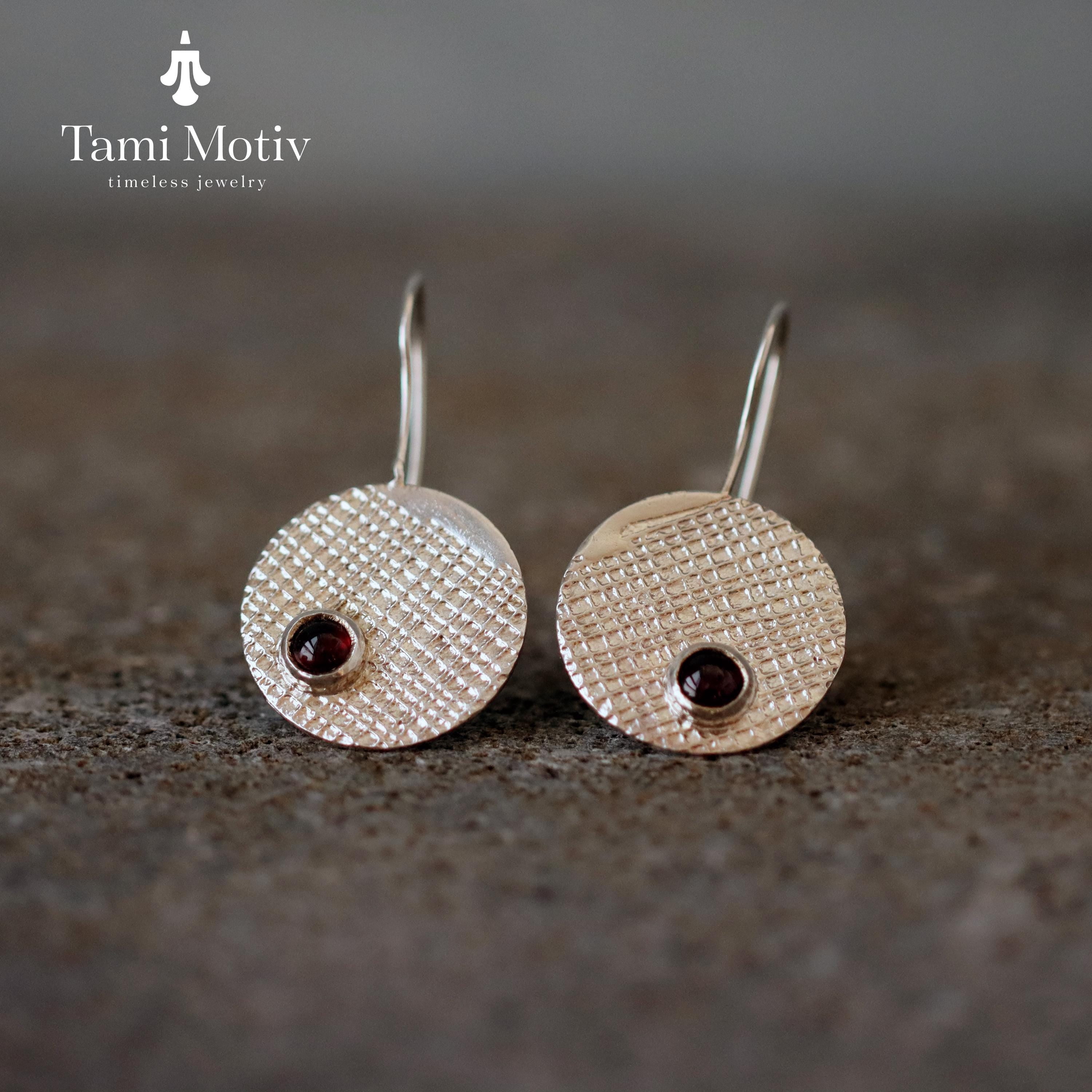 Handmade Silver Garnet Dangle Earrings • Geometric Fashion Statement