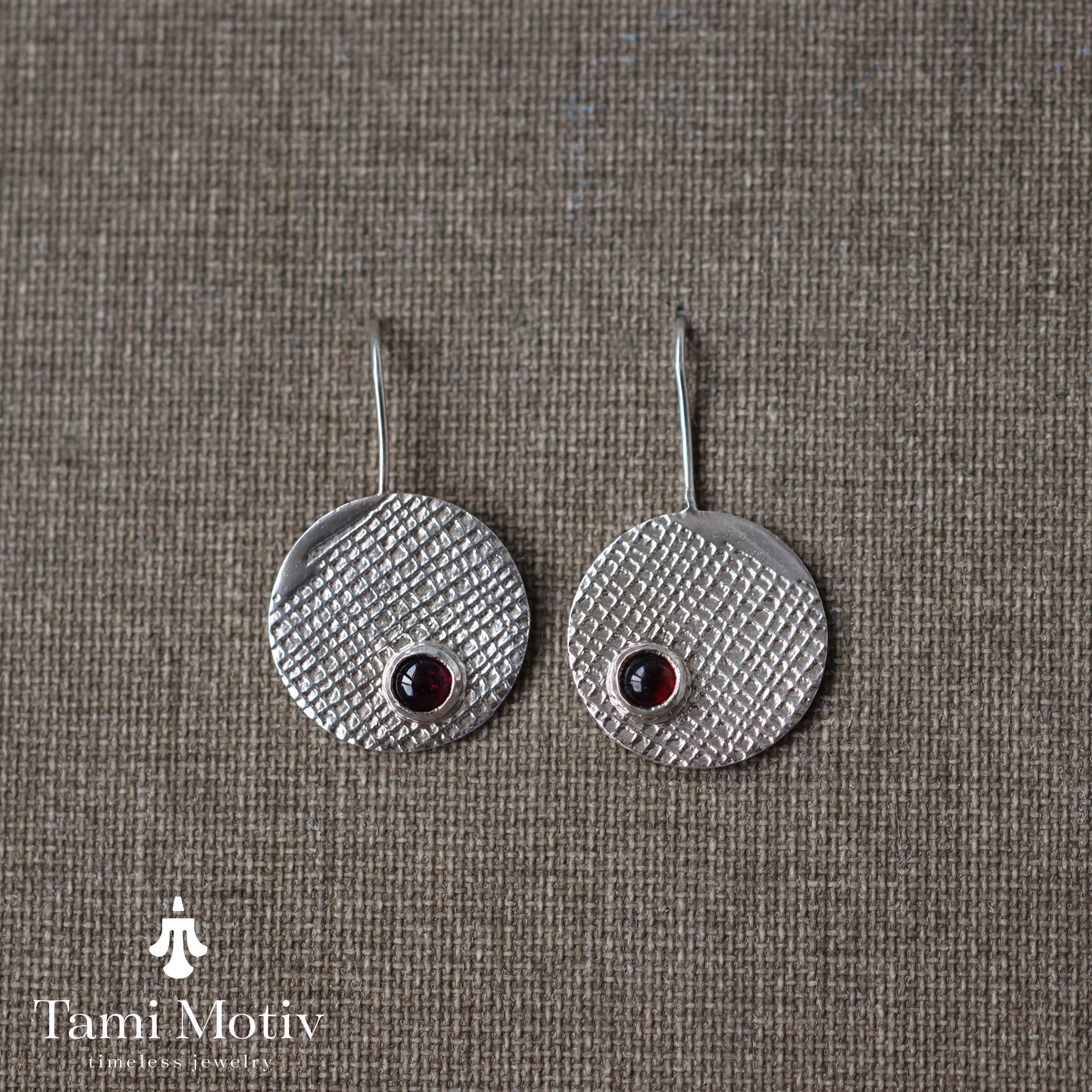 Handmade Silver Garnet Dangle Earrings • Geometric Fashion Statement