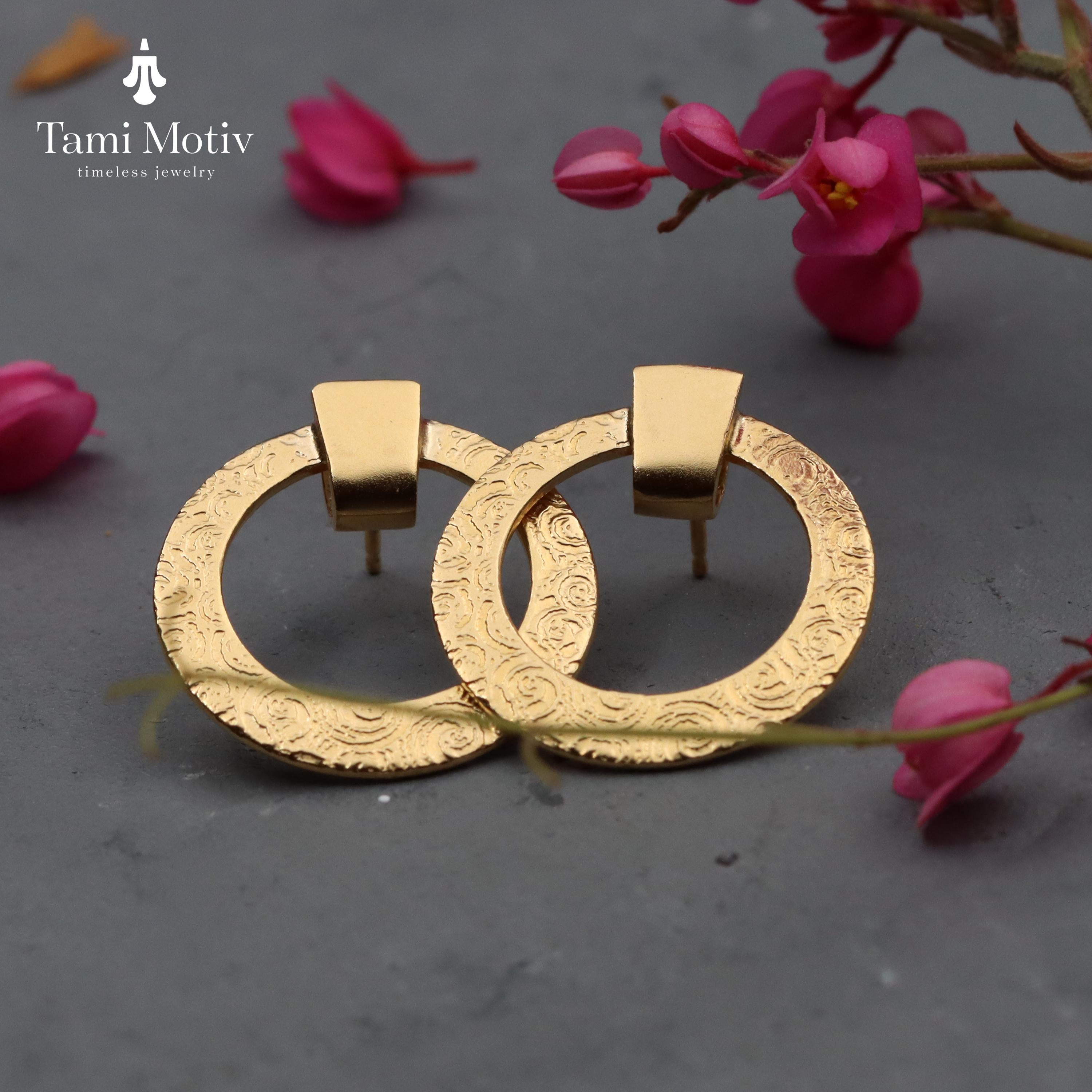 Handmade Gold Spiral Textured Stud Earrings - Statement Disc Design • Earrings Gift for Women