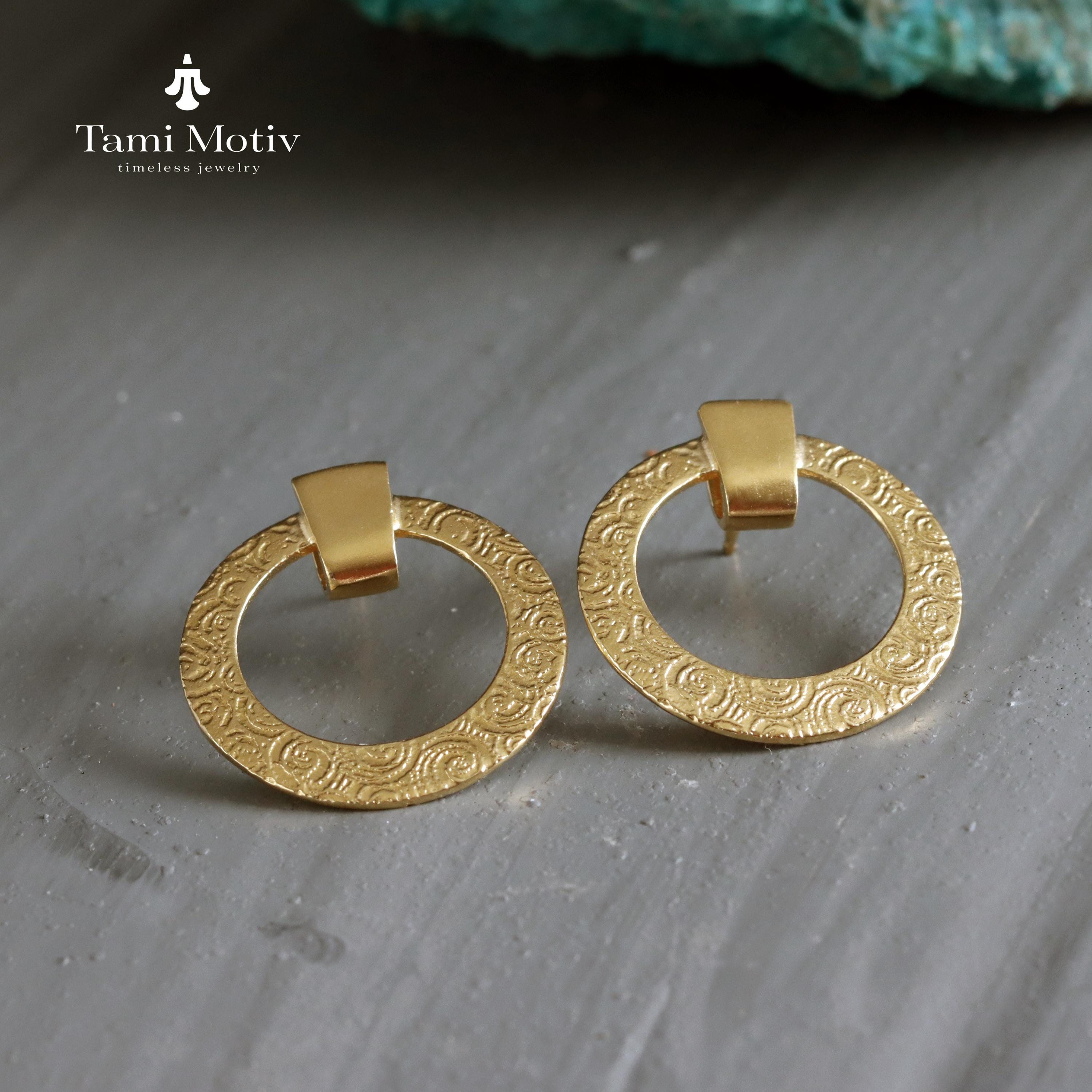 Handmade Gold Spiral Textured Stud Earrings - Statement Disc Design • Earrings Gift for Women