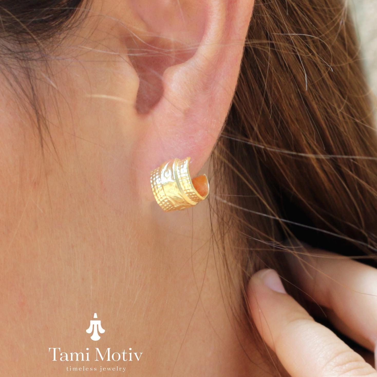 Textured Huggie Hoop Earrings • Handmade Gold Semi Hoop Earrings • Stamped Floral & Geometric Pattern Hoops • Statement Boho Gift Earringsr