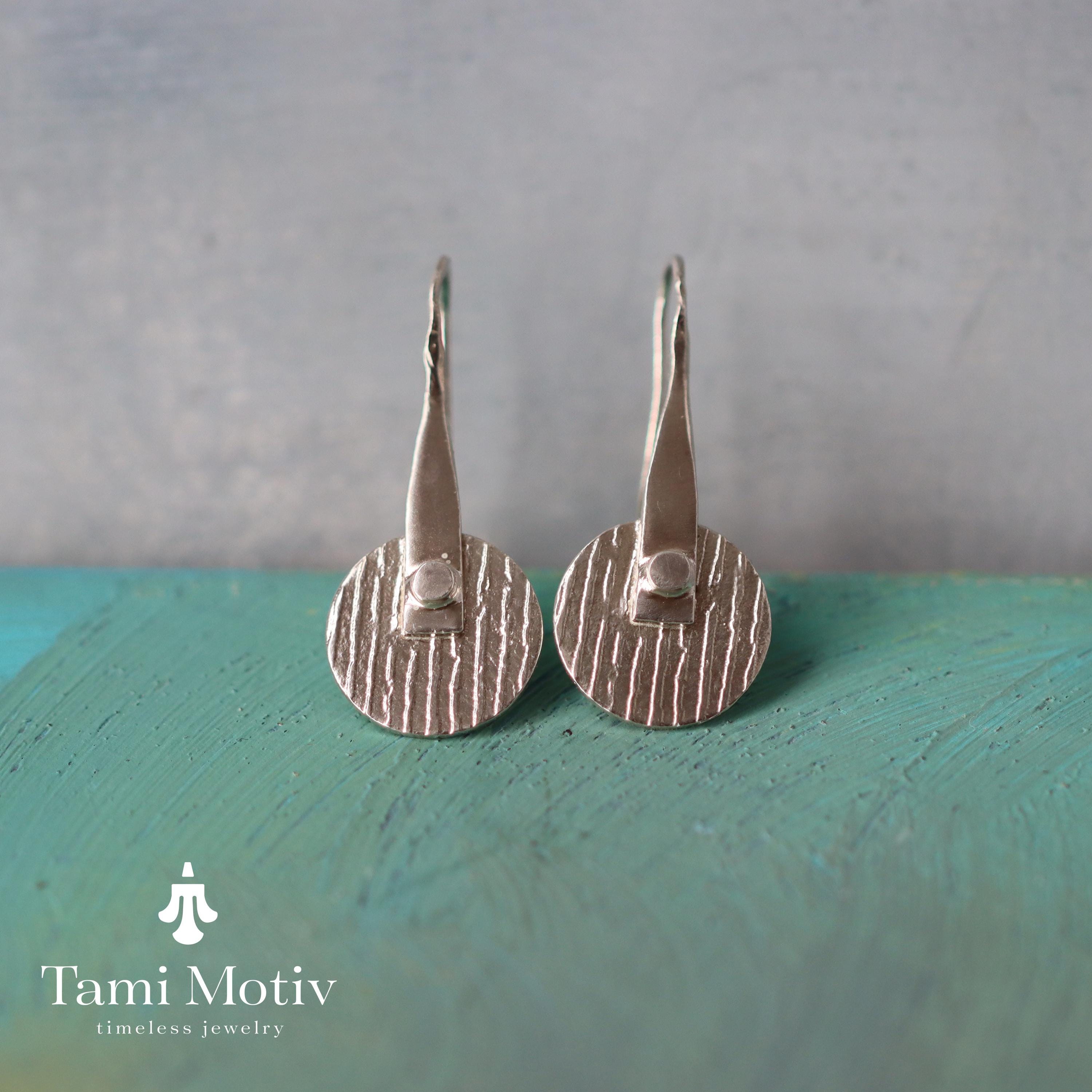Unique Handmade Geometric Round Textured Drop Earrings - Statement Jewelry • Silver disc drops • Fashion Earrings For Woman •Gift For You