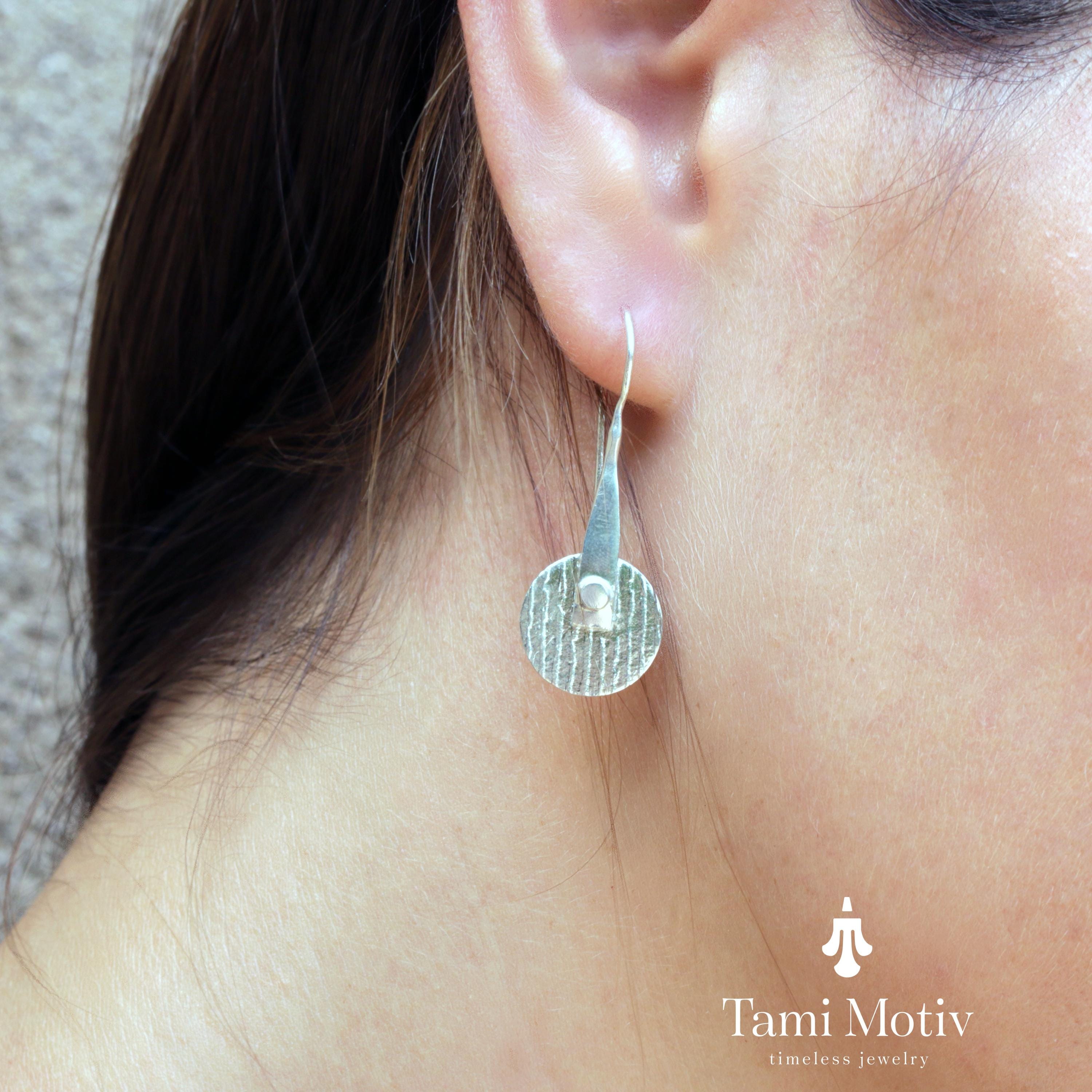 Unique Handmade Geometric Round Textured Drop Earrings - Statement Jewelry • Silver disc drops • Fashion Earrings For Woman •Gift For You