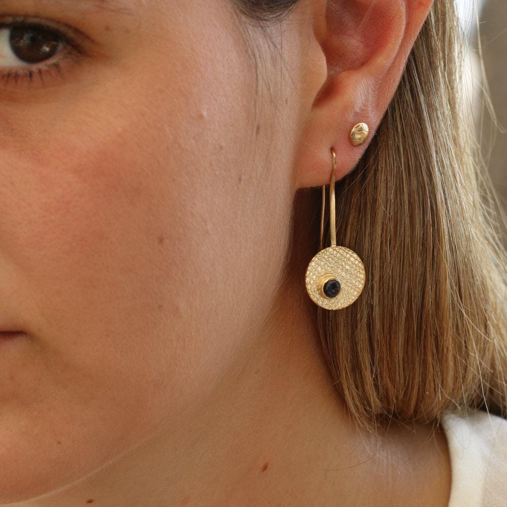 Amethyst Drop Earrings • Unique Earrings For Women • Textured 14k Gold Fashion Earrings • Handmade Statement Disc Earrings • Gift For Her