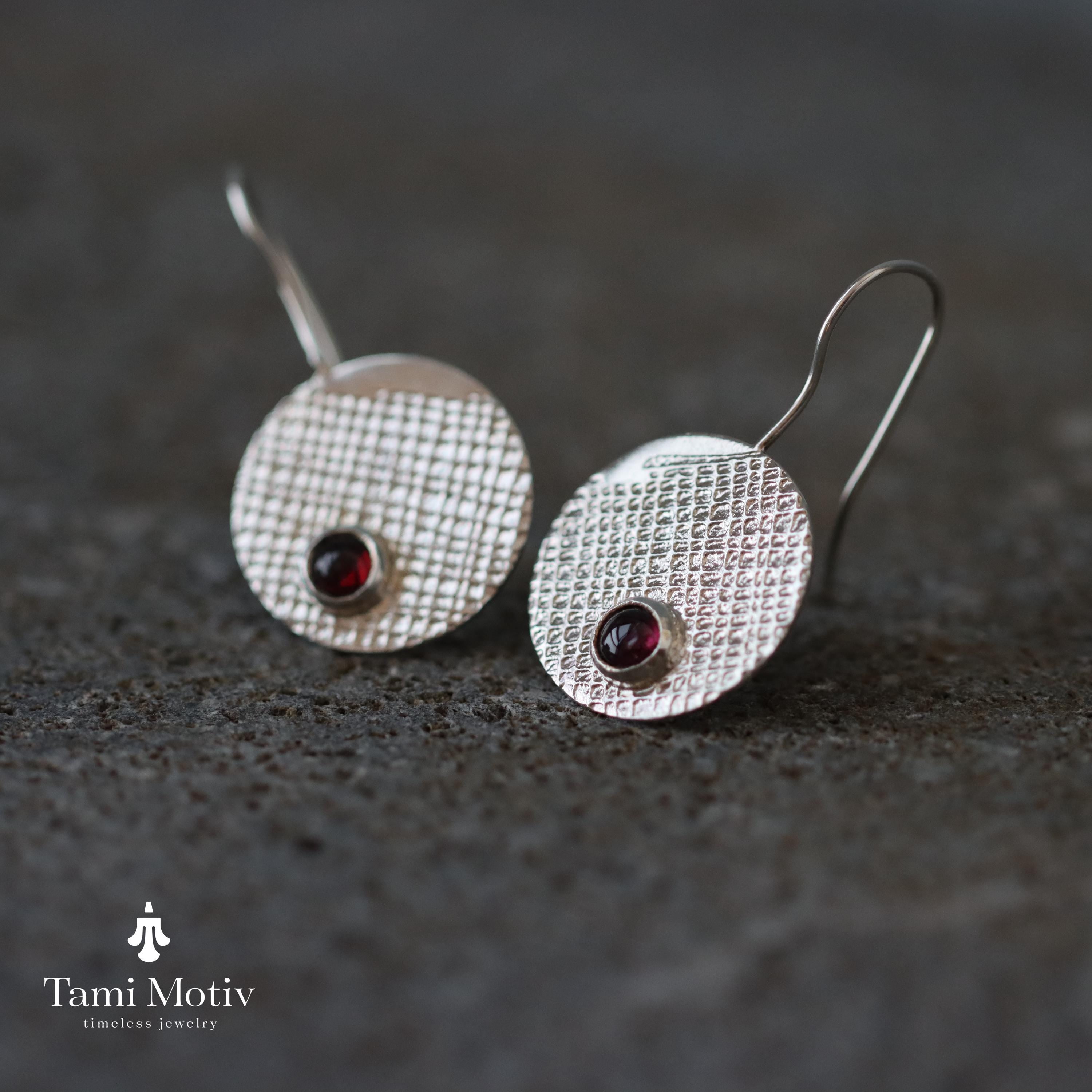 Handmade Silver Garnet Dangle Earrings • Geometric Fashion Statement