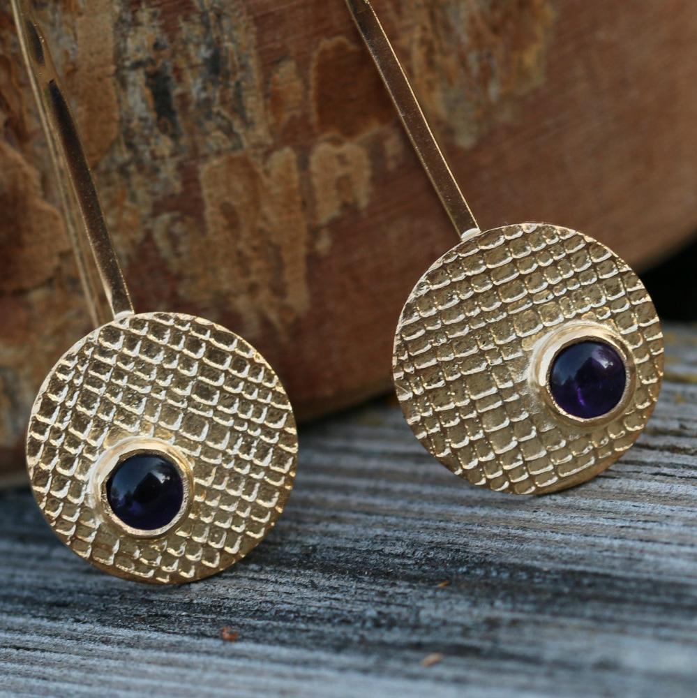 Amethyst Drop Earrings • Unique Earrings For Women • Textured 14k Gold Fashion Earrings • Handmade Statement Disc Earrings • Gift For Her