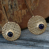 Amethyst Drop Earrings • Unique Earrings For Women • Textured 14k Gold Fashion Earrings • Handmade Statement Disc Earrings • Gift For Her