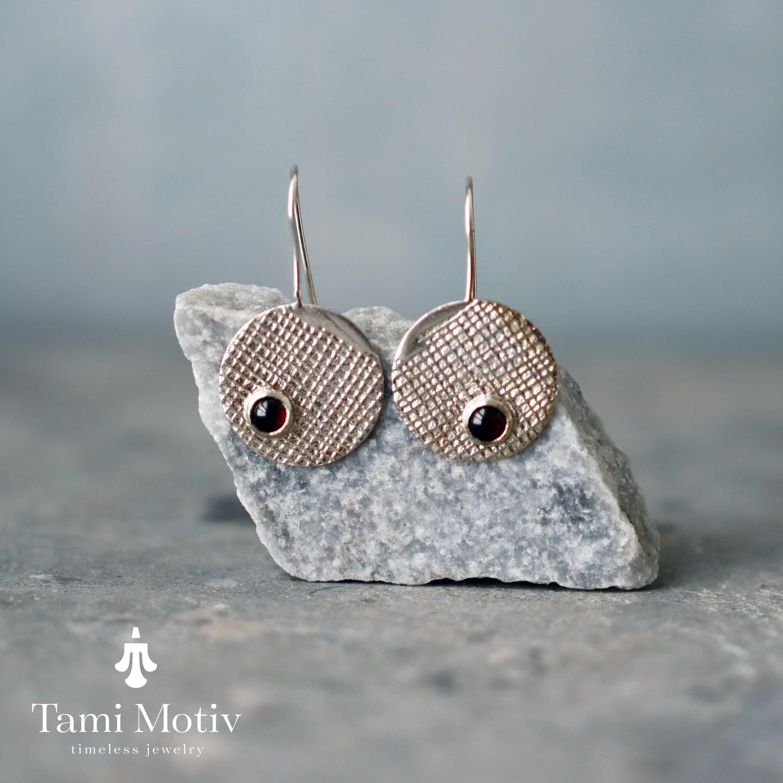 Handmade Silver Garnet Dangle Earrings • Geometric Fashion Statement