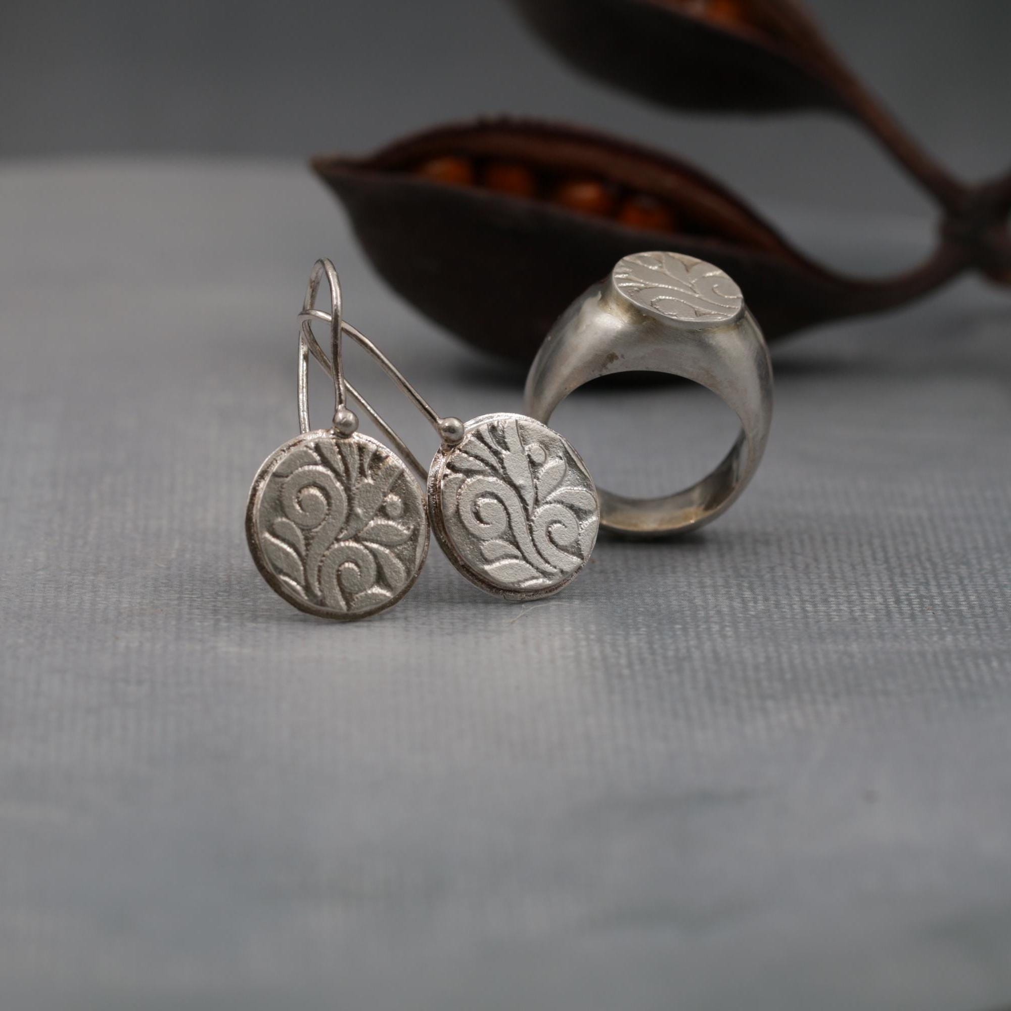 Silver Disc Earrings • Dangle Silver Earrings • Floral Textured Drop Earrings • Boho Drops • Statement Dangles Gift Earrings Christmas