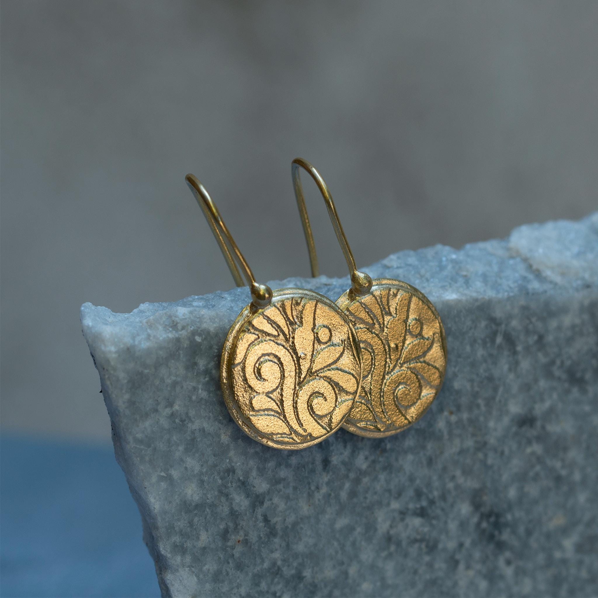 Sterling Silver Disc Earrings • Handmade Textured Hook Earrings • Engraved Art Nouveau Silver Drop Earrings • Hook Boho Flower Earrings