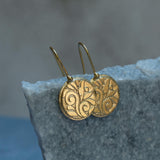 Sterling Silver Disc Earrings • Handmade Textured Hook Earrings • Engraved Art Nouveau Silver Drop Earrings • Hook Boho Flower Earrings