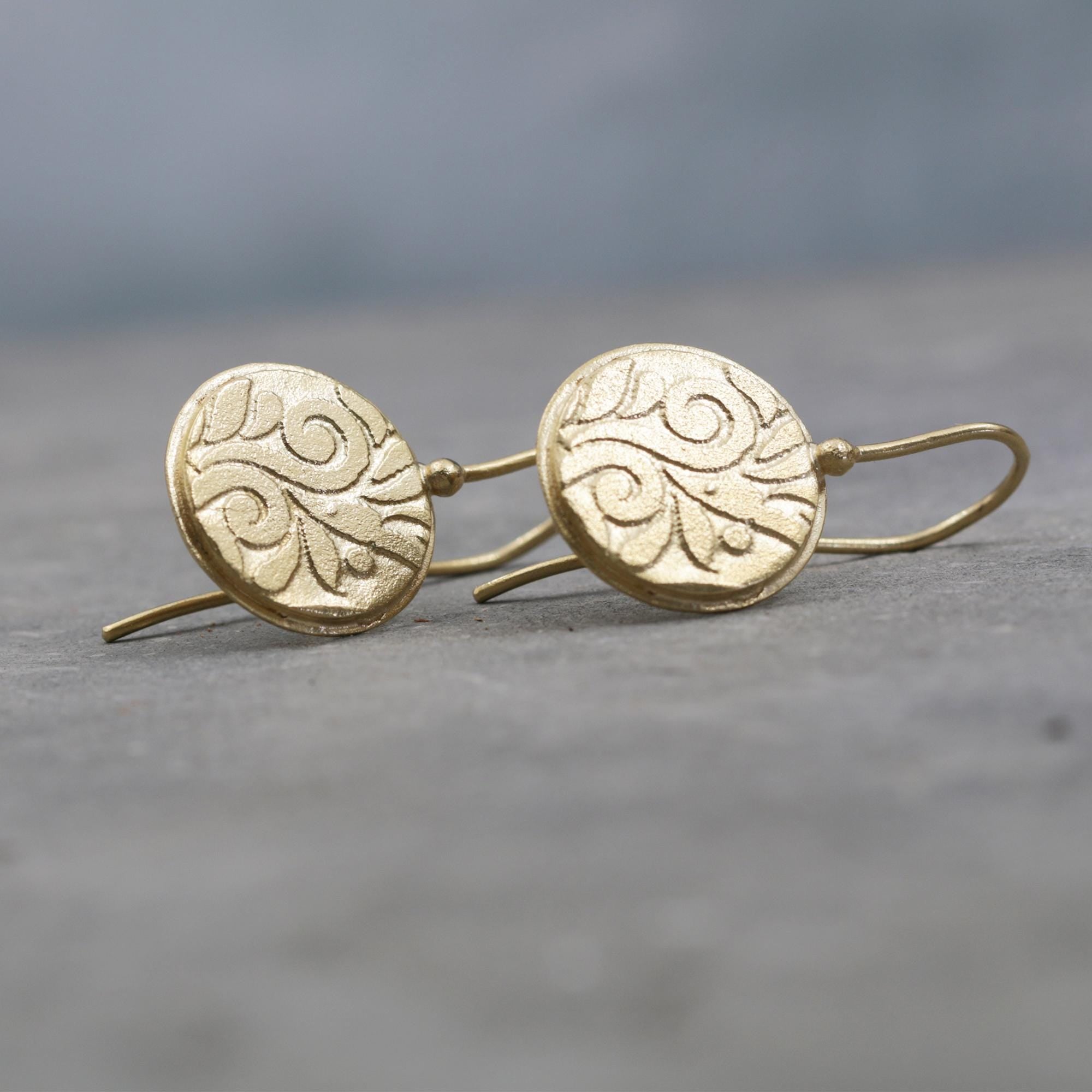 Sterling Silver Disc Earrings • Handmade Textured Hook Earrings • Engraved Art Nouveau Silver Drop Earrings • Hook Boho Flower Earrings