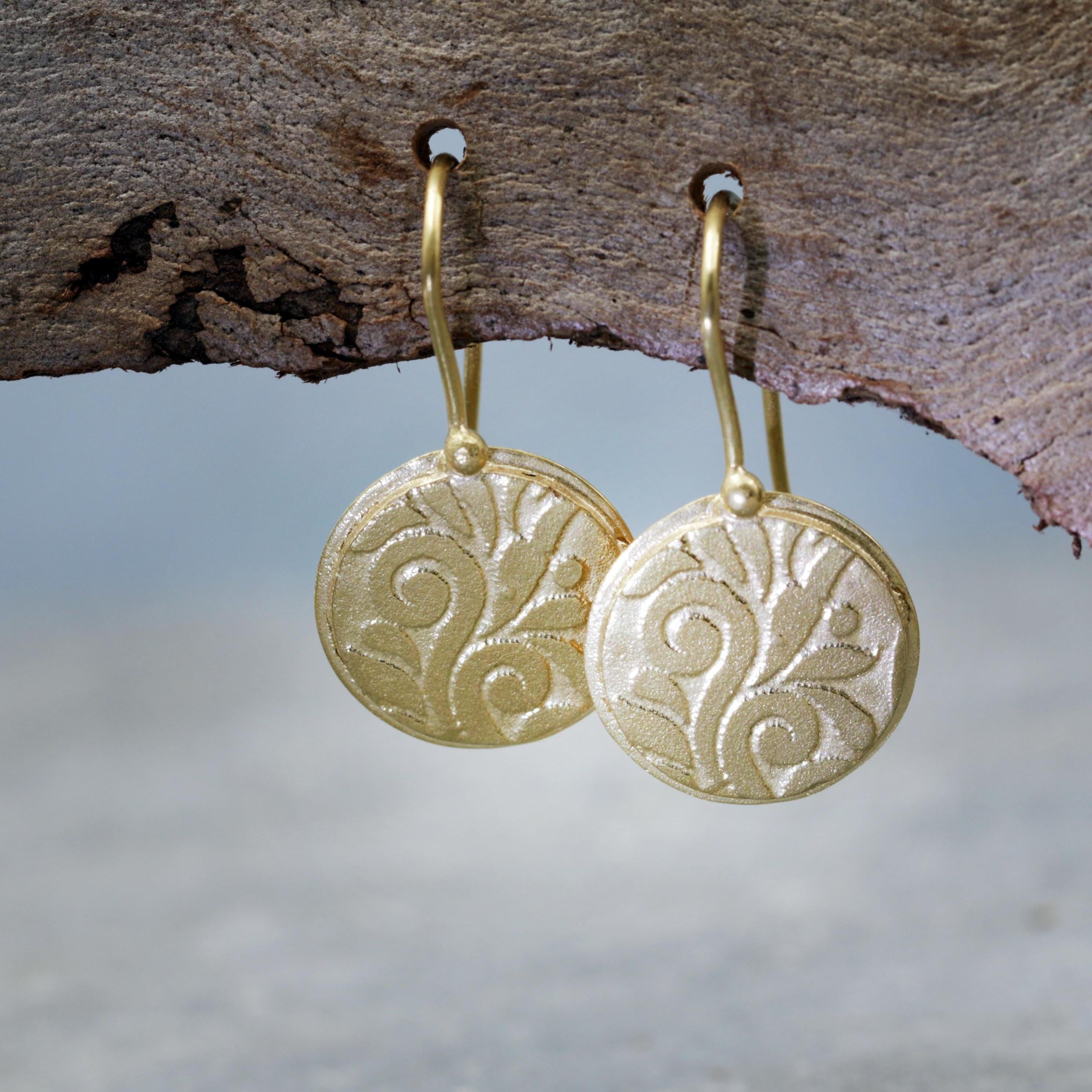 Sterling Silver Disc Earrings • Handmade Textured Hook Earrings • Engraved Art Nouveau Silver Drop Earrings • Hook Boho Flower Earrings